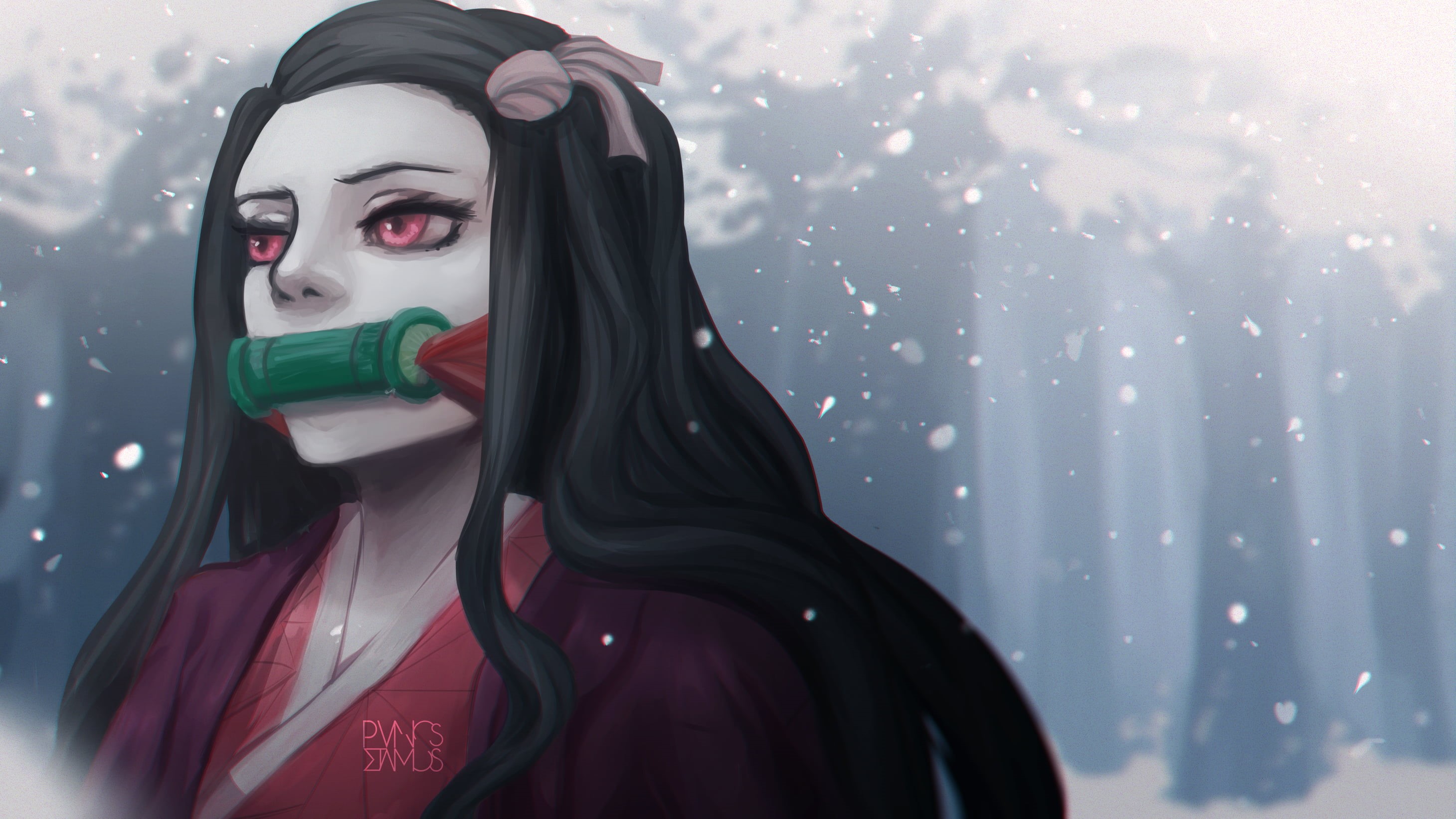 anime render, Kimetsu no Yaiba, PanosStamo, black hair, Kamado Nezuko, Tanjiro Kamado, anime girls, artwork, 2K, digital, HD Wallpaper