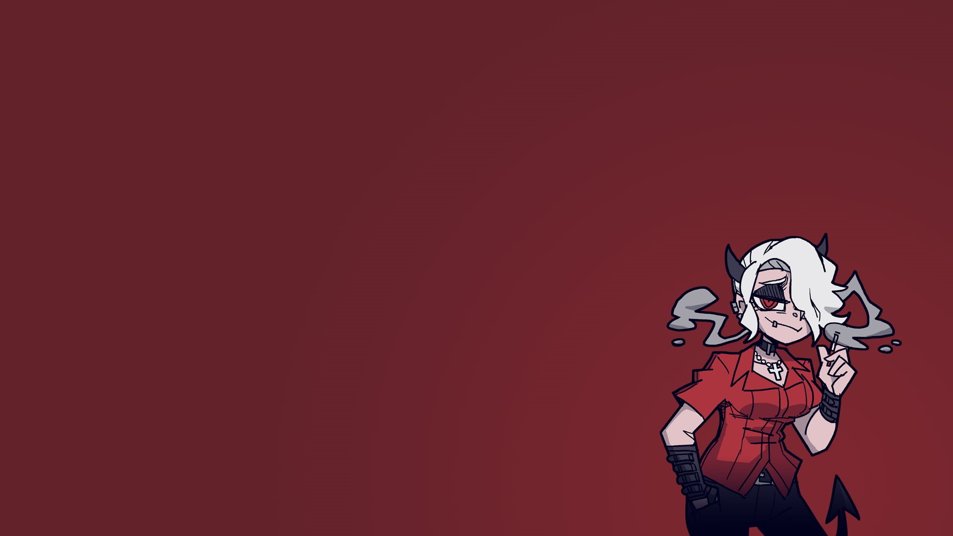 ear piercing, Helltaker, 1080P, simple background, anime girls, tail, demon girl, red eyes, bracelets, blond hair, demon horns, anime, smoking, HD Wallpaper