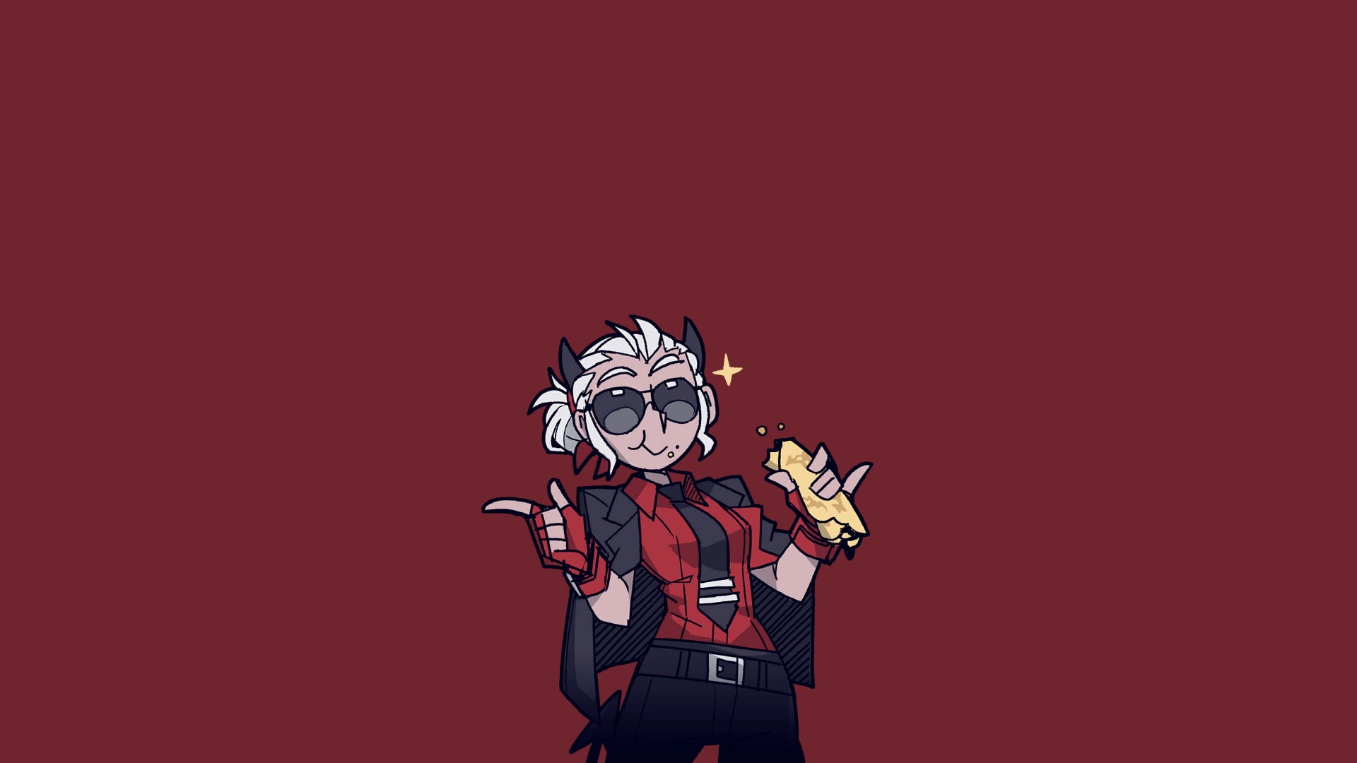 red background, Helltaker, 1080P, women with shades, simple background, anime girls, anime, tie, white hair, demon girls, demon girl, gloves, sunglasses, HD Wallpaper