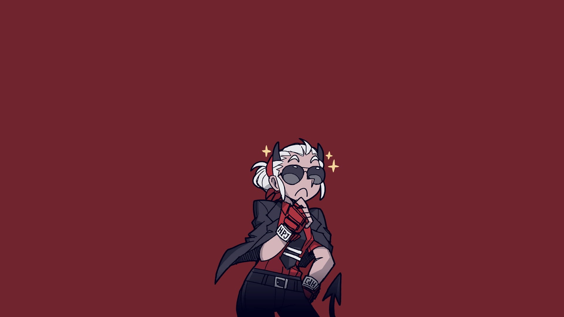 sunglasses, white hair, tie, anime, simple background, anime girls, red background, gloves, women with shades, Helltaker, demon girls, demon girl, 1080P, HD Wallpaper