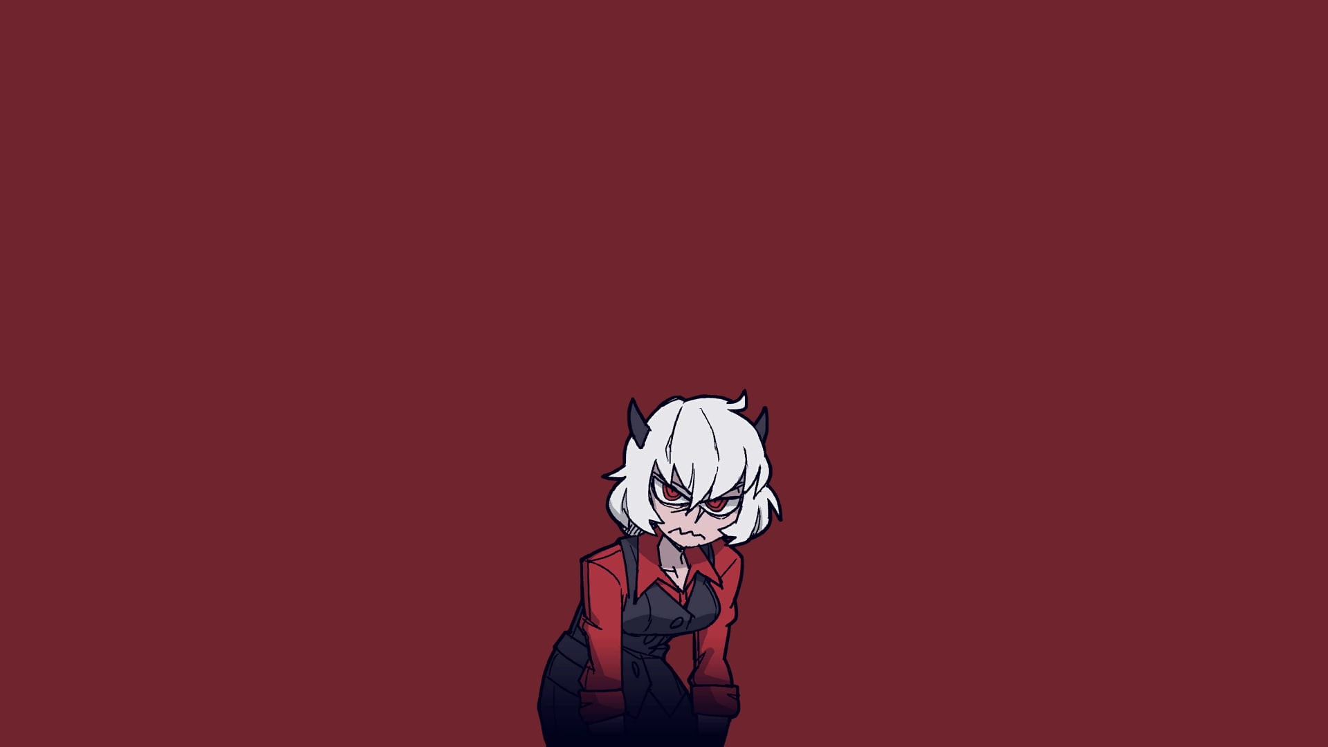 red eyes, horns, demon girls, 1080P, white hair, demon girl, Helltaker, anime, tail, simple background, anime girls, HD Wallpaper