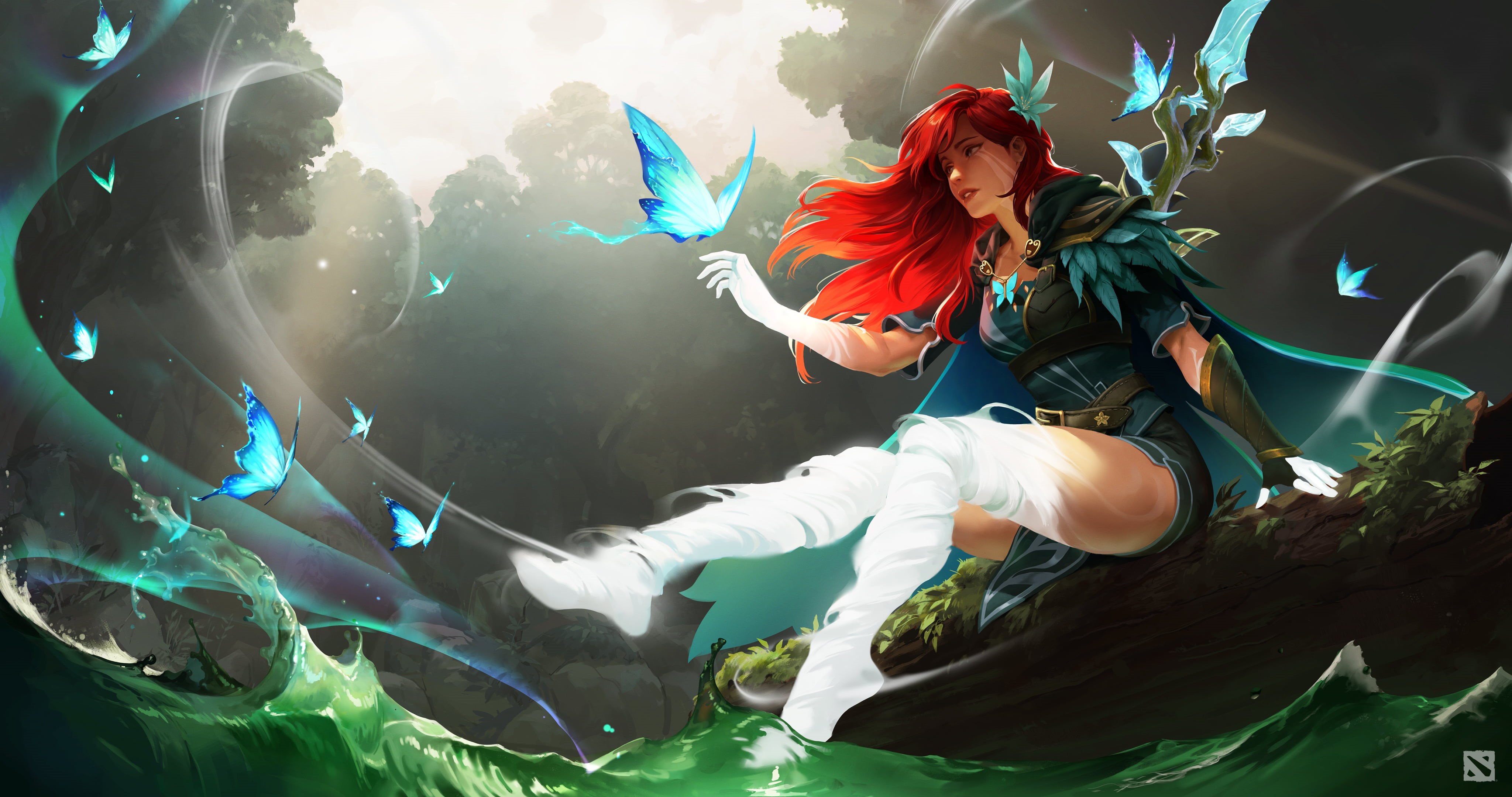 4K, fantasy art, redhead, Windranger, fantasy girl, wands, digital art, butterflies, forest, Dota 2, HD Wallpaper