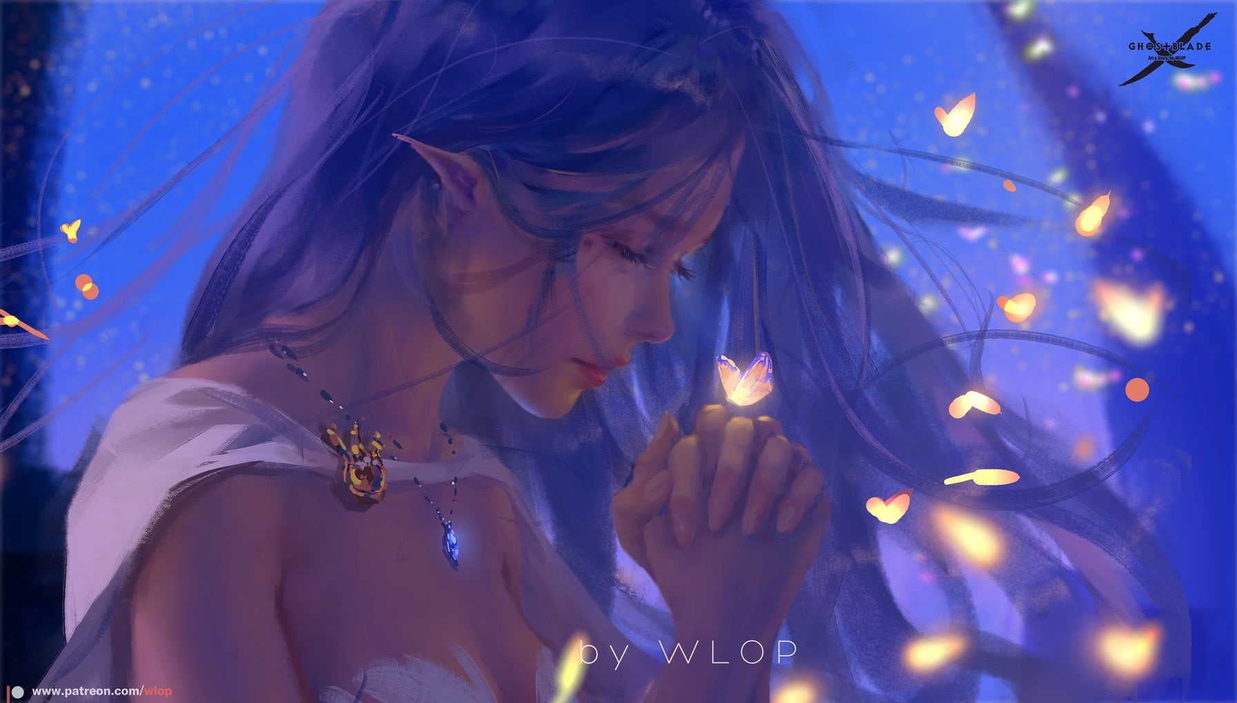 artwork, long hair, elves, butterfly, women, butterflies, WLOP, blue, digital art, blue hair, 720P, HD Wallpaper