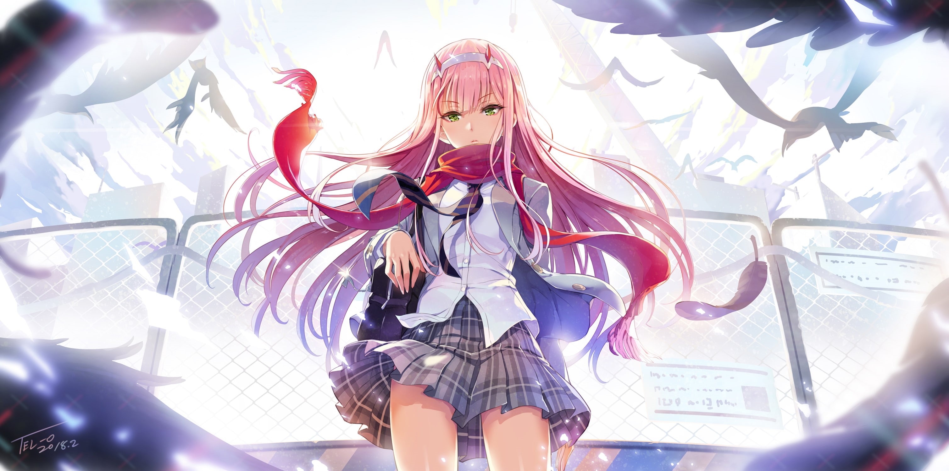 anime girls, green eyes, Zero Two (Darling in the FranXX), miniskirt, anime, long hair, 2K, Darling in the FranXX, HD Wallpaper