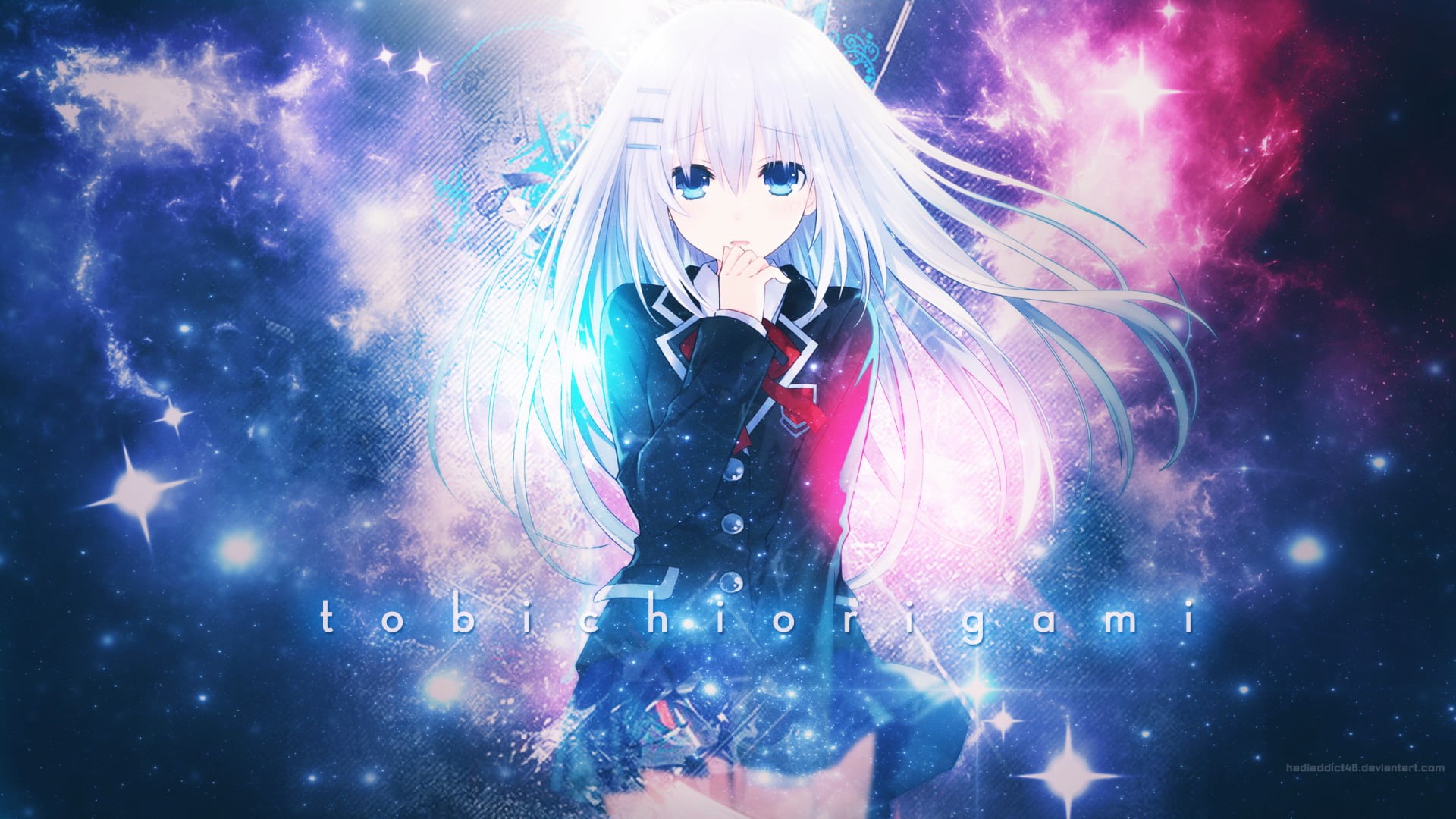 night, front view, space, black background, multi colored, portrait, 1080P, Date A Live, looking at camera, star - space, Origami Tobiichi, illuminated, HD Wallpaper