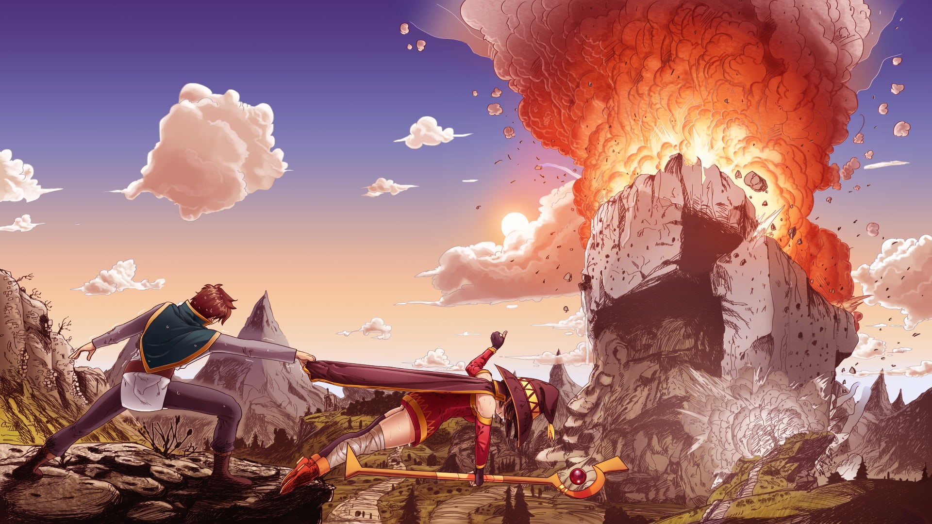 sculpture, spirituality, Kono Subarashii Sekai ni Shukufuku wo!, art and craft, cloud - sky, nature, architecture, no people, fire, fire - natural phenomenon, HD Wallpaper