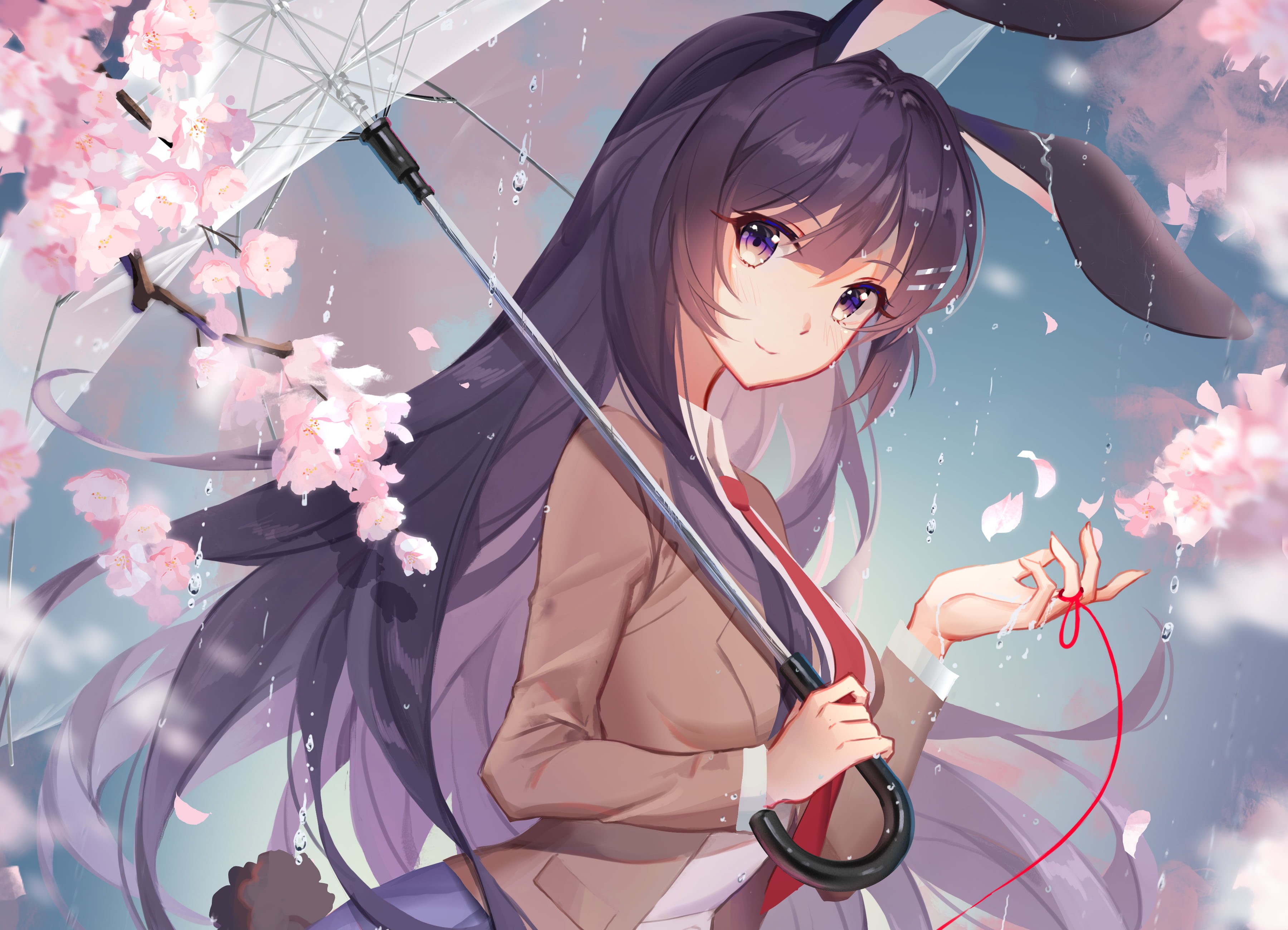 rain, school uniform, dark hair, mai sakurajima, 2K, looking at viewer, Seishun Buta Yarou wa Bunny Girl Senpai no Yume o Minai, umbrella, long hair, Sakura blossom, HD Wallpaper
