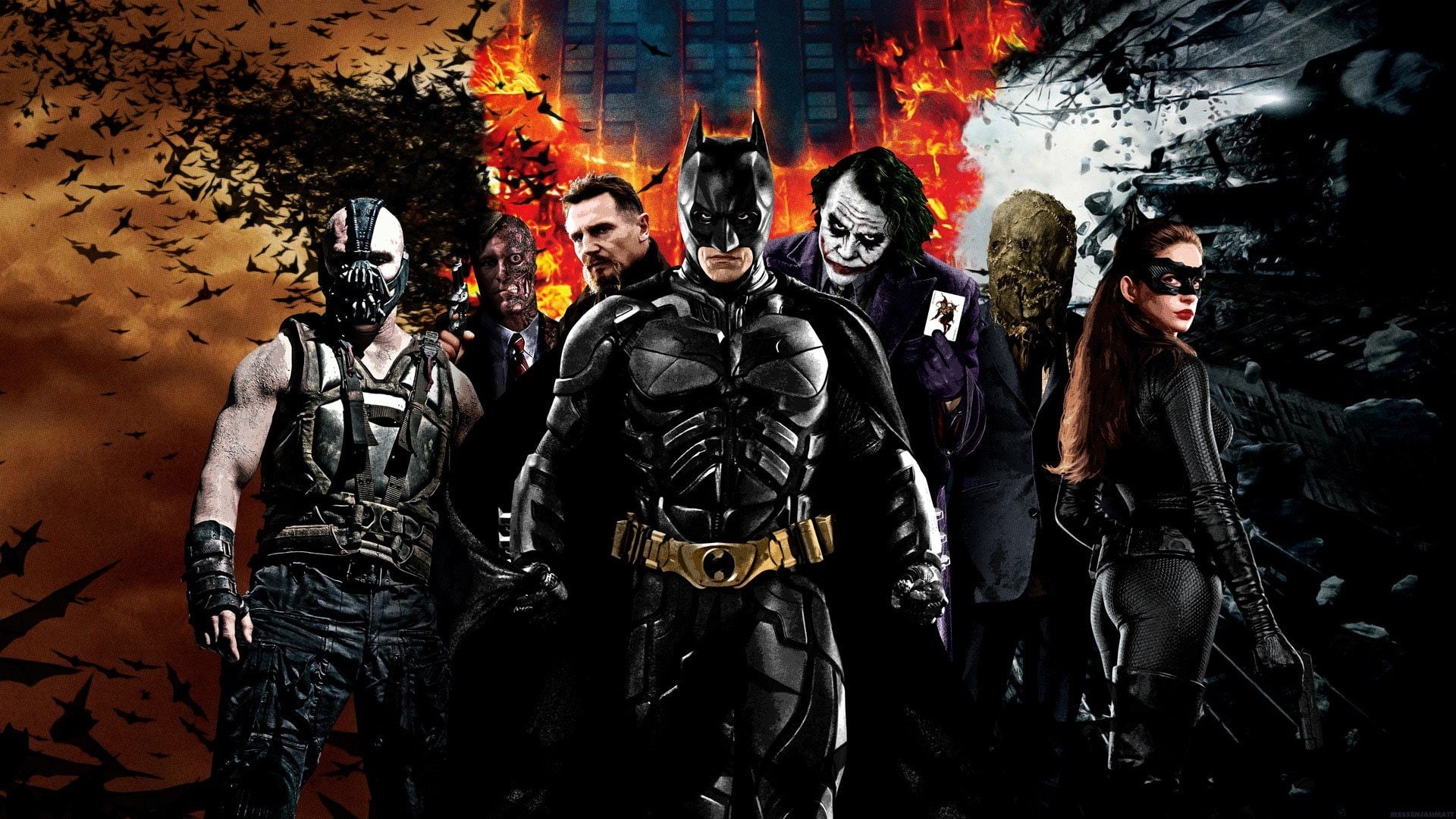 bane, Christian Bale, movies, Joker, Batman, face, Batman Begins, DC Comics, Ras Al Ghul, Two, collage, Liam Neeson, Trilogy, Anne Hathaway, The Dark Knight Rises, HD Wallpaper