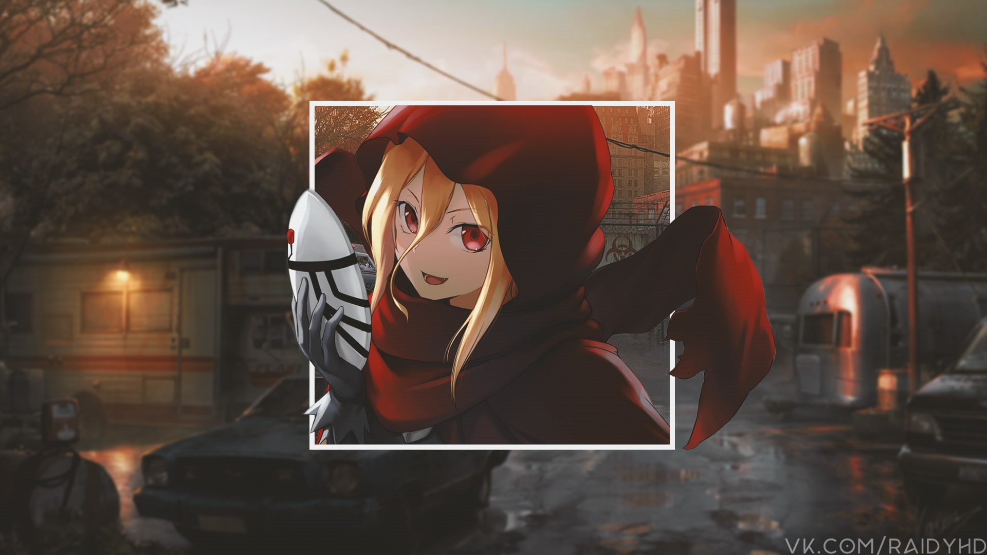 creativity, anime girls, sunset, picture-in-picture, outdoors, anime, city, architecture, one person, built structure, focus on foreground, costume, disguise, HD Wallpaper