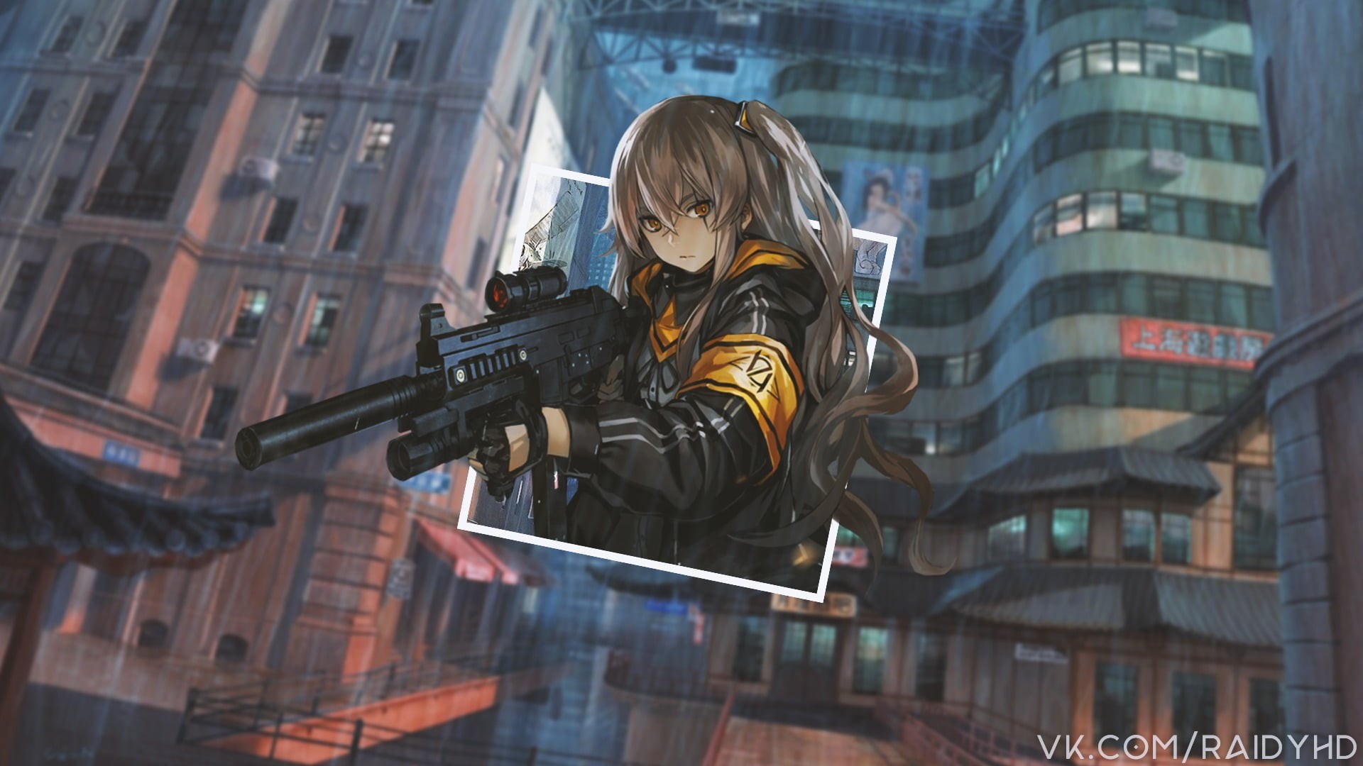 gun, anime girls, one person, building, government, reflection, office building exterior, built structure, lifestyles, outdoors, building exterior, low angle view, HD Wallpaper