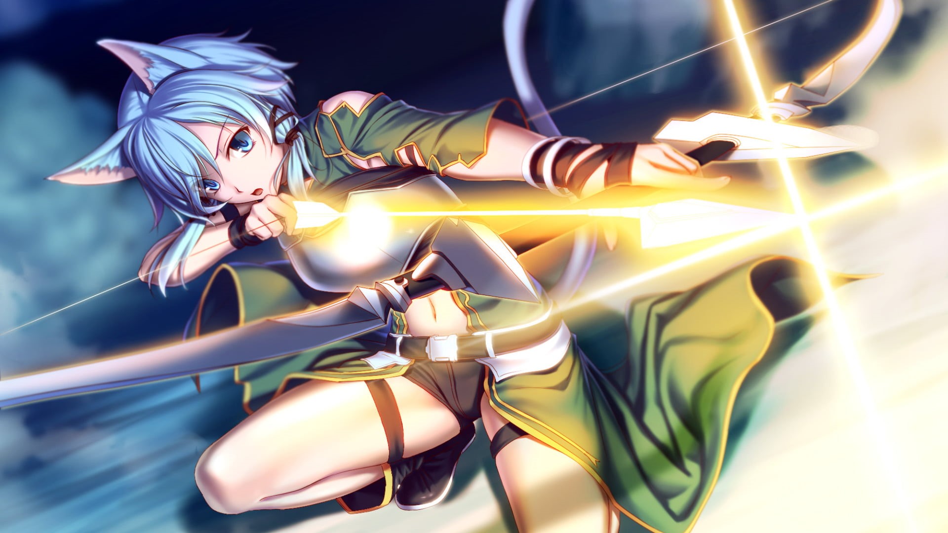 studio shot, illustration, long exposure, Bow, Sword Art Online, indoors, girl, creativity, glowing, Animal Ears, night, lighting equipment, close-up, haired, HD Wallpaper