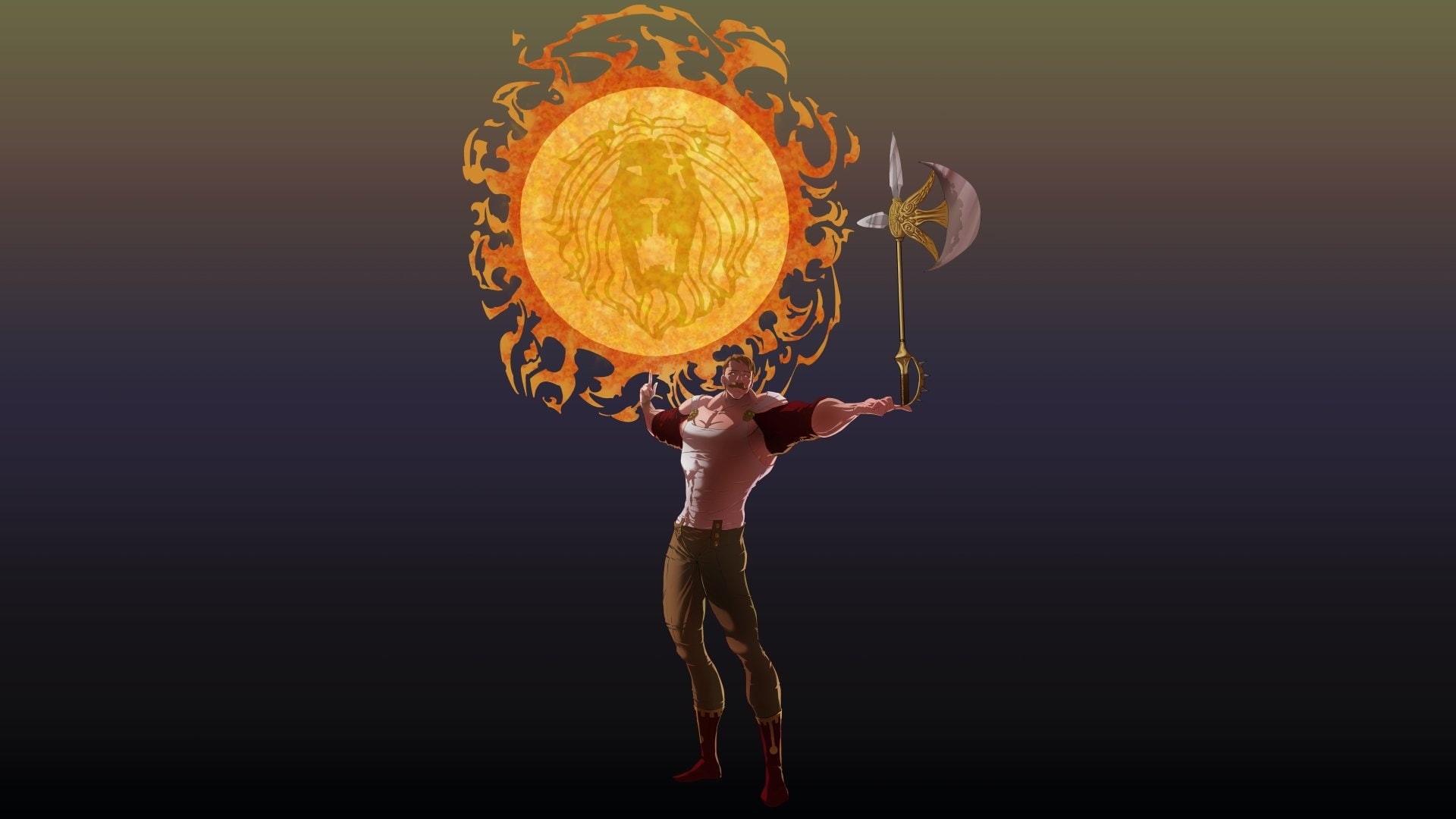 winning, 1080P, Escanor (The Seven Deadly Sins), standing, Axe, light - natural phenomenon, one person, holding, indoors, copy space, orange color, The Seven Deadly Sins, HD Wallpaper