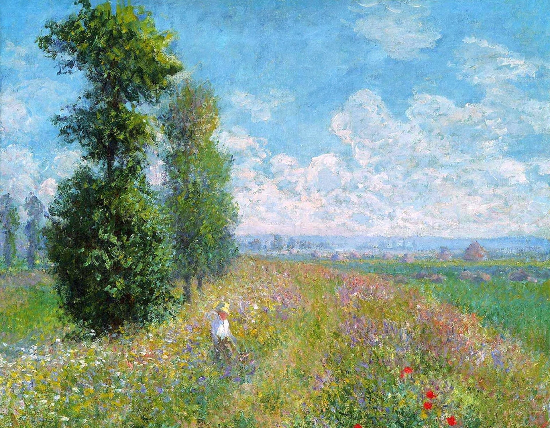 blue, tree, daytime, outdoors, forest, field, MOP, man, nature, painting, water, Claude Monet, colors, tranquility, summer, autumn, 1080P, cloud - sky, HD Wallpaper