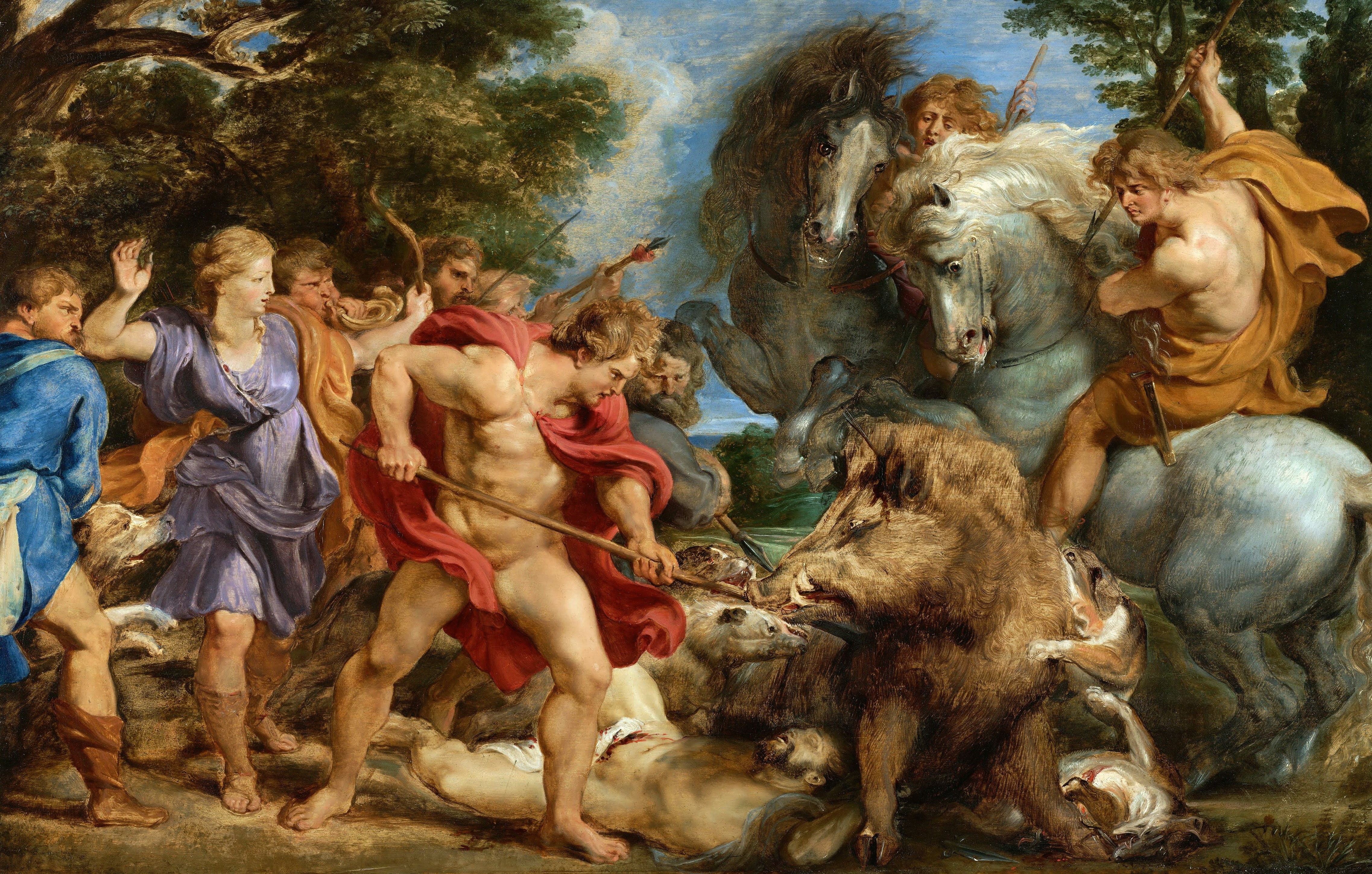 Peter Paul Rubens, hunting, Hunting for Kalidoscope Boar, wild, painting, boar, Atalanta and Meleager Hunting the Boar, 4K, picture, people, Pieter Paul Rubens, HD Wallpaper