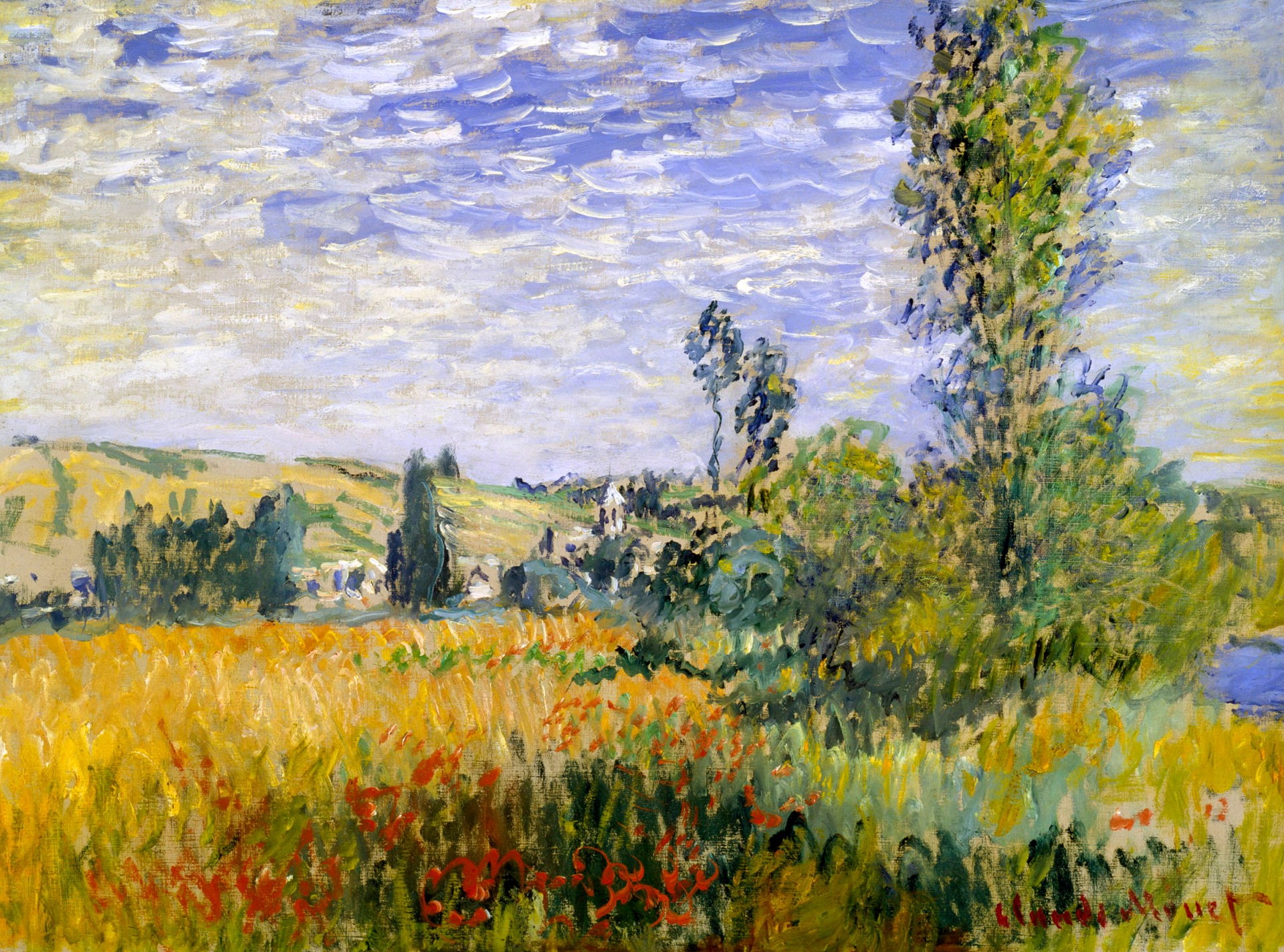 tree, flowers, Claude Monet, picture, 1080P, Landscape at Vétheuil, HD Wallpaper