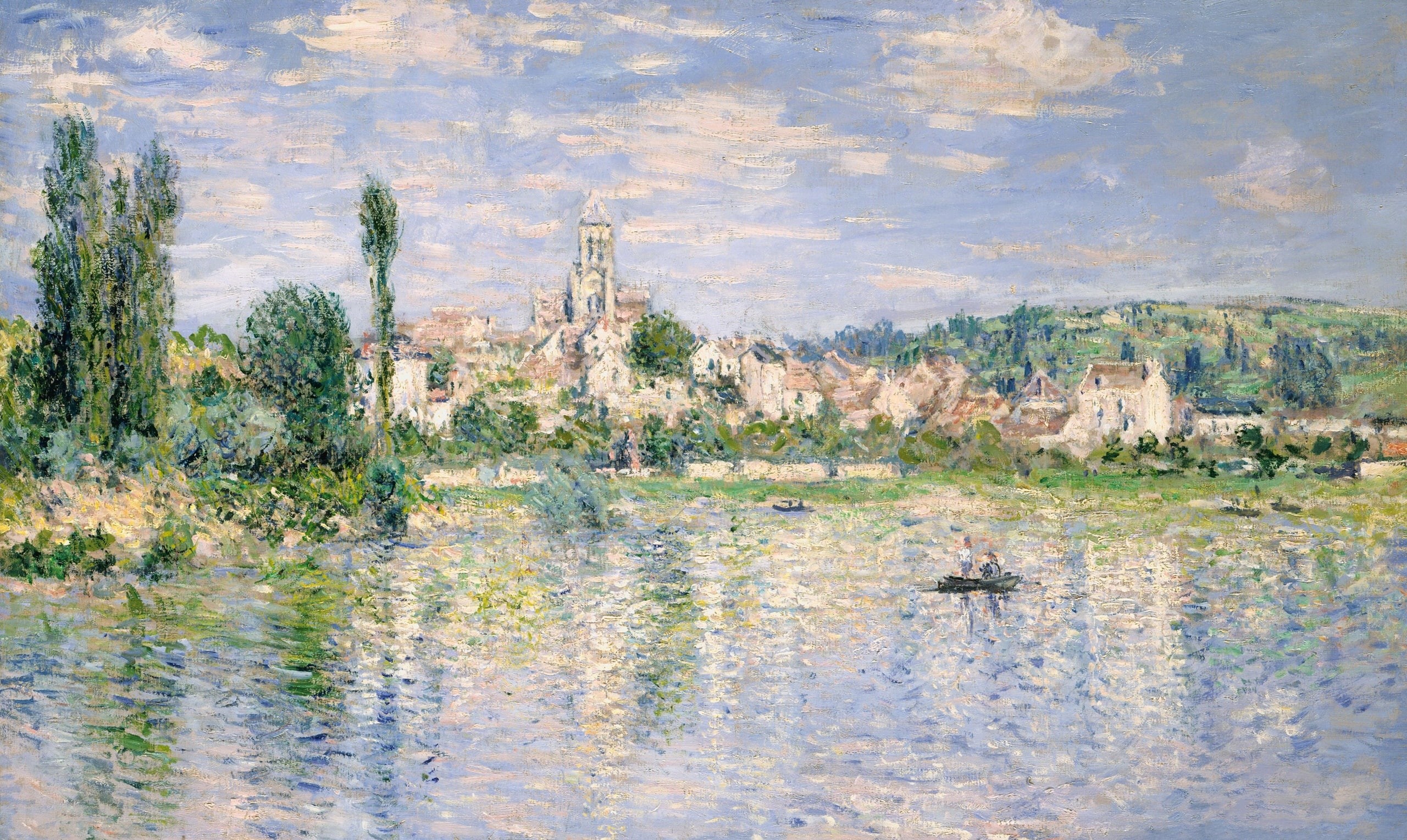 2K, Vétheuil In Summer, river, landscape, boat, Claude Monet, picture, HD Wallpaper