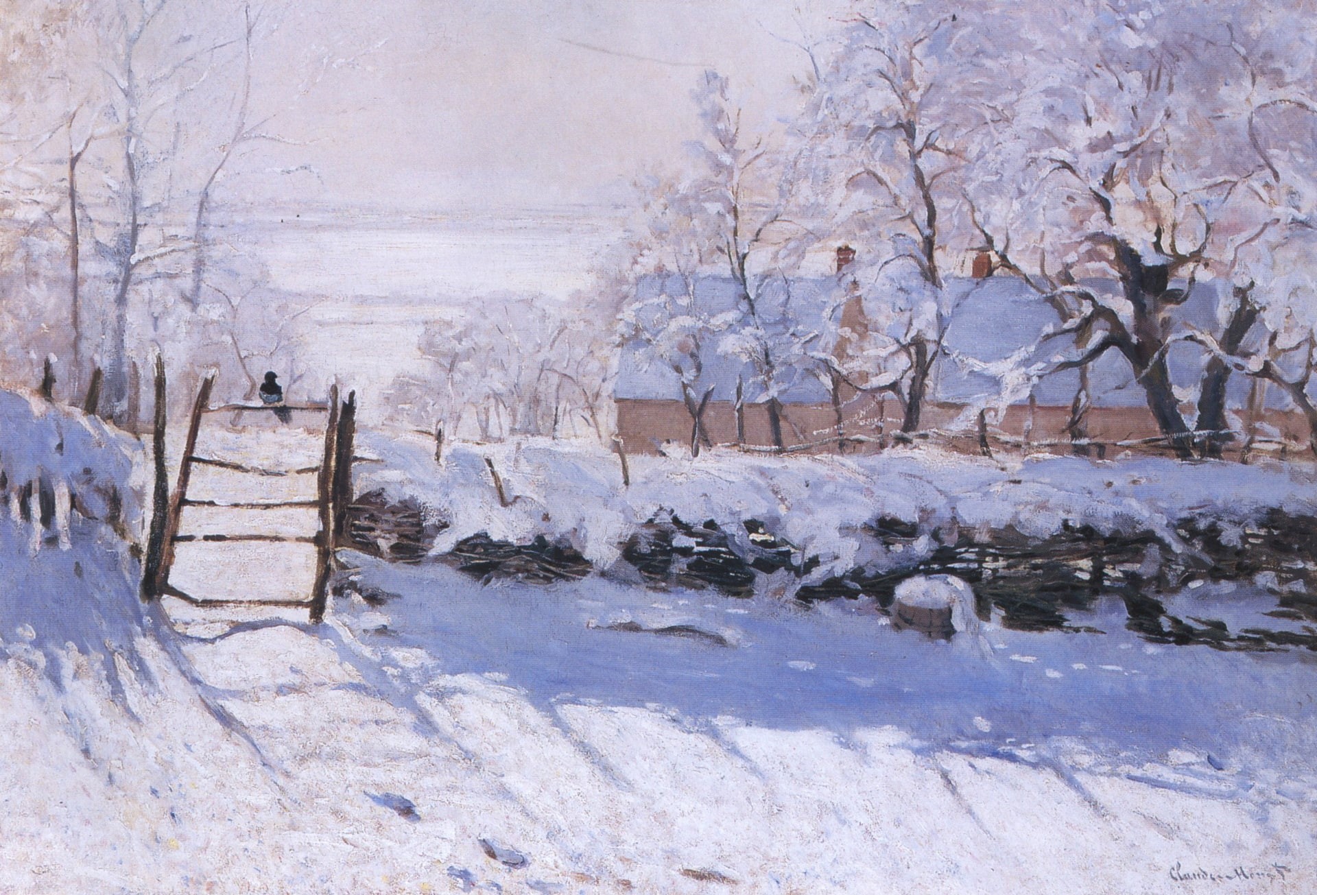 picture, snow, capped, winter, trees, 1080P, bird, Forty, The Walk, Claude Monet, landscape, HD Wallpaper