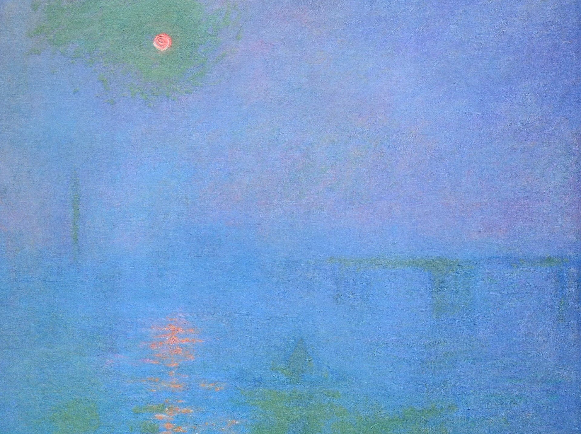 indoors, full frame, landscape, blue, creativity, paintings, multi colored, picture, day, digital composite, Claude Monet, 1080P, Bridge To Charing Cross. Fog on the Thames, HD Wallpaper