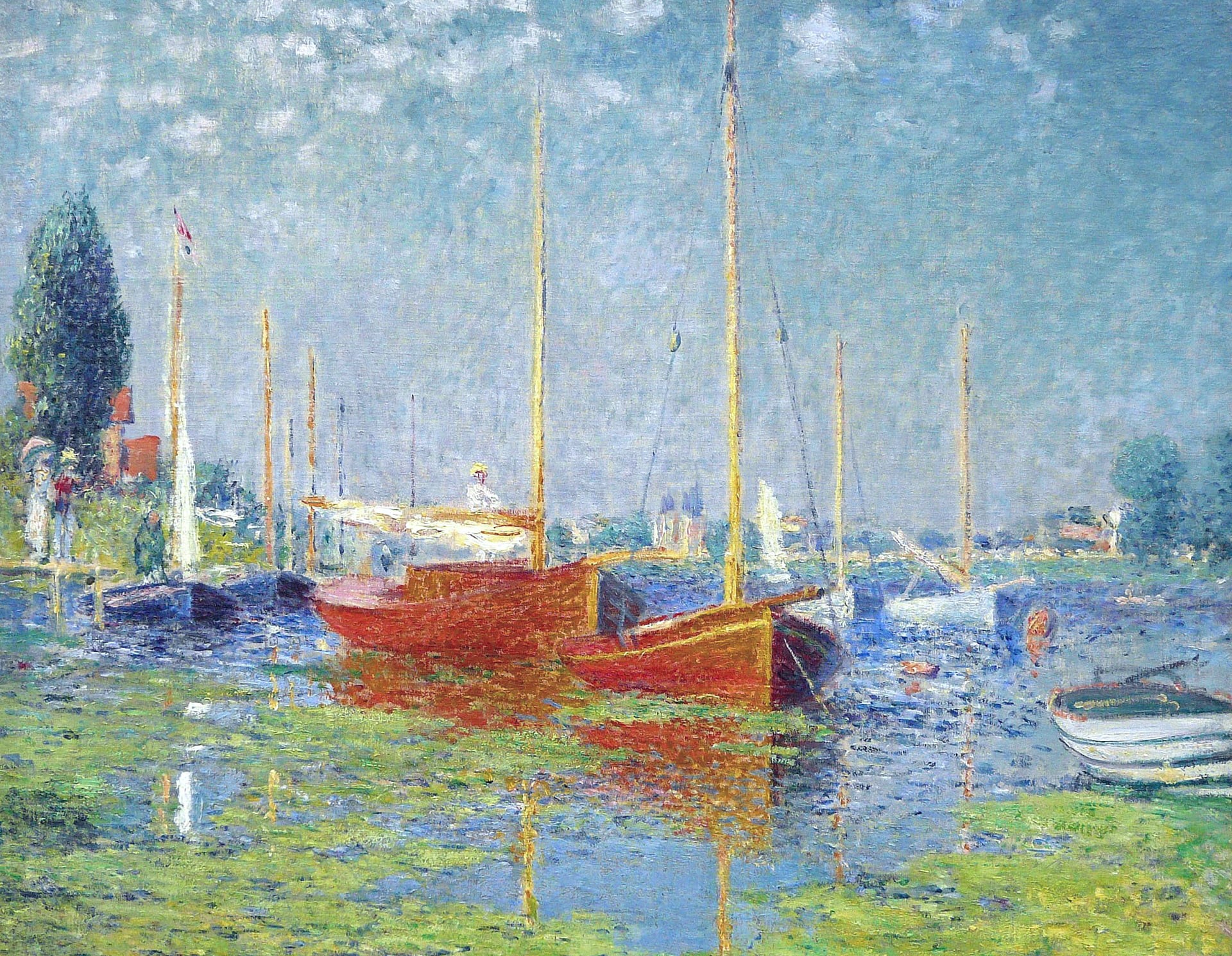 reflection, day, boats, near, Argenteuil. Yachts, outdoors, rowboat, painting, picture, buildings, rippled, lake, water, waterfront, sailboat, fishing boat, HD Wallpaper