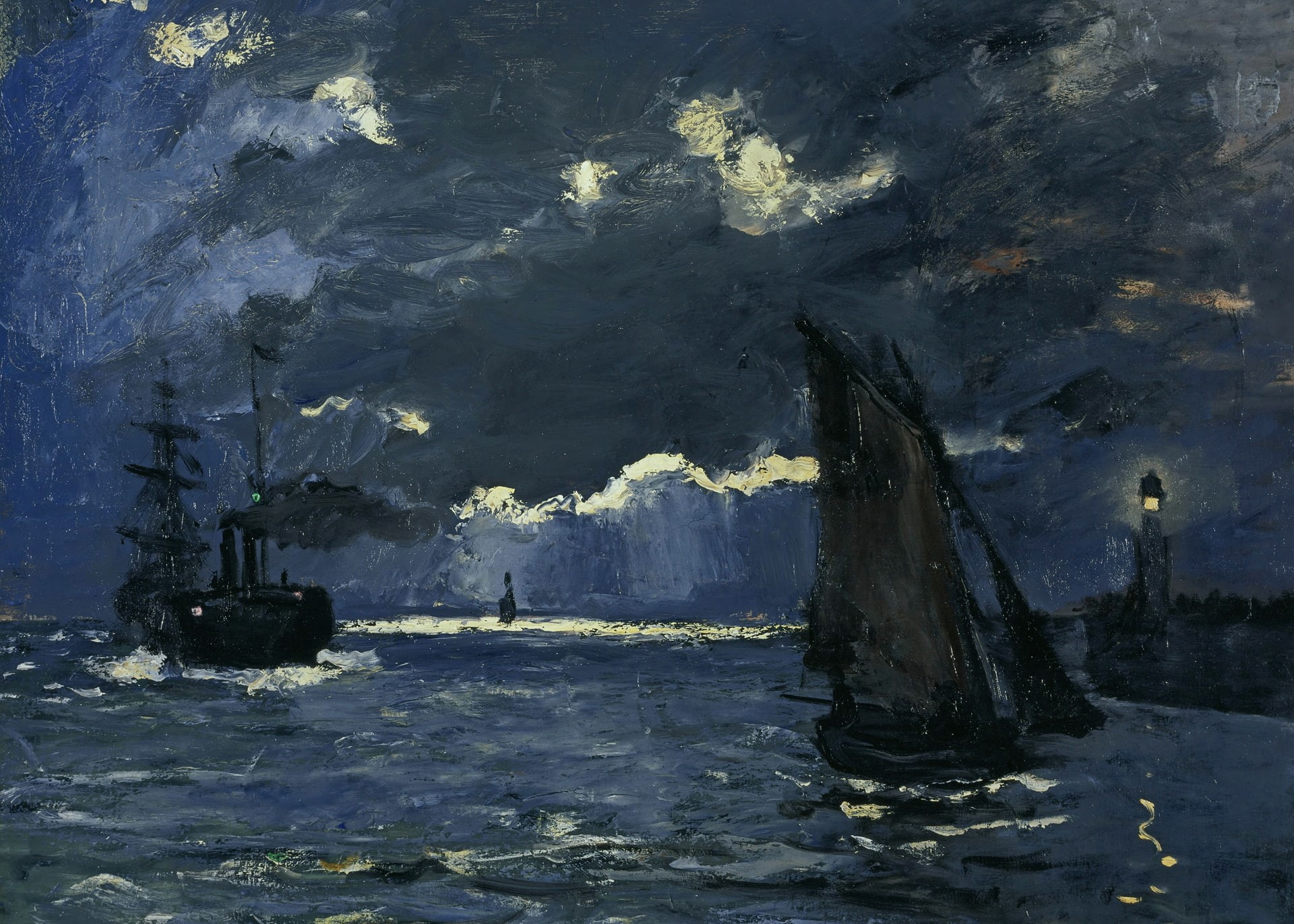 picture, boat, ship, 1080P, Claude Monet, The Seascape. Night Effect, HD Wallpaper