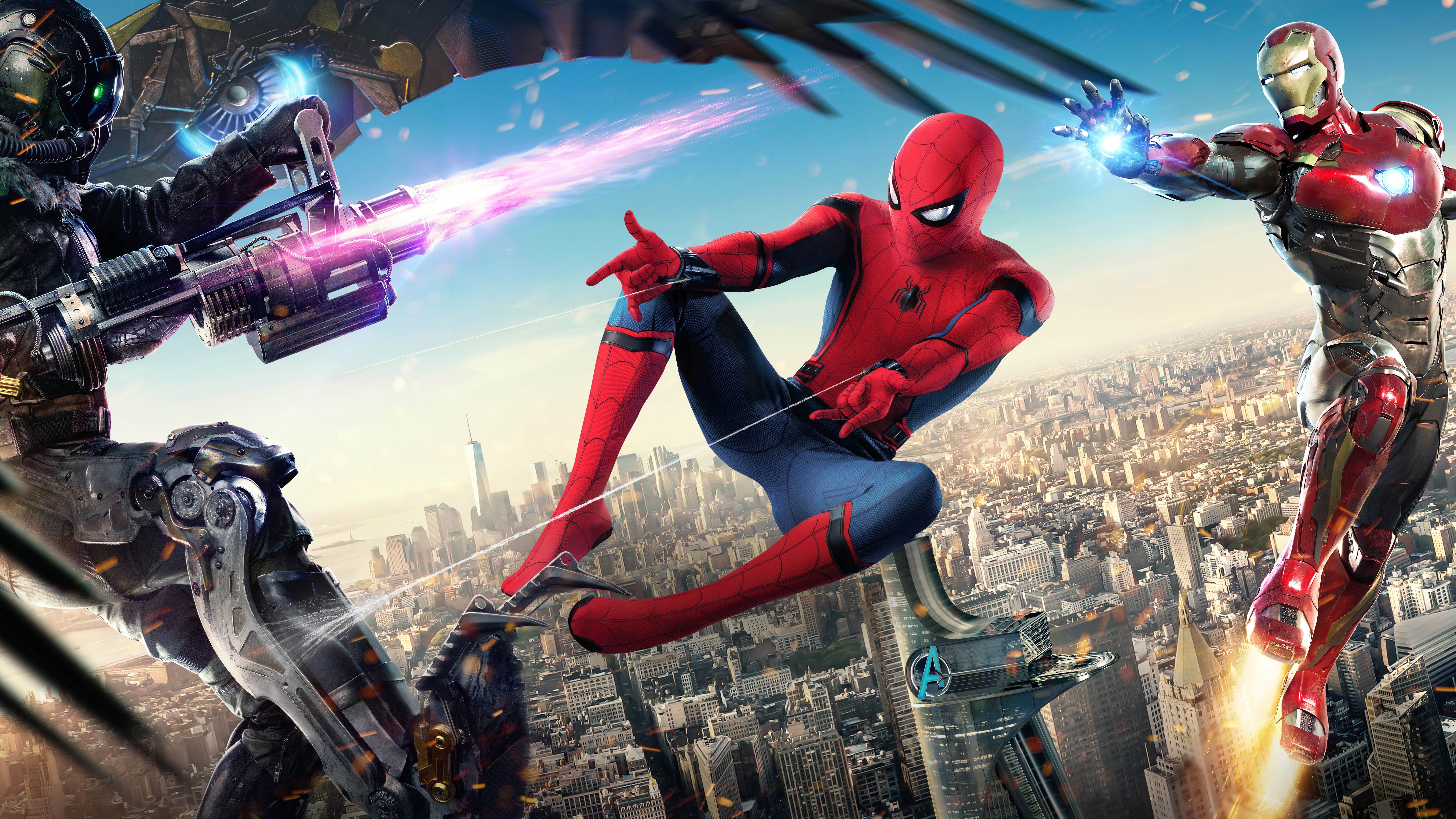 Peter Parker, Spider-Man, fight, poster, fiction, comic, 8K, Robert Downey Jr., Tony Stark, MARVEL, Adrian Toomes, Michael Keaton, the city, Spider-Man: Homecoming, HD Wallpaper