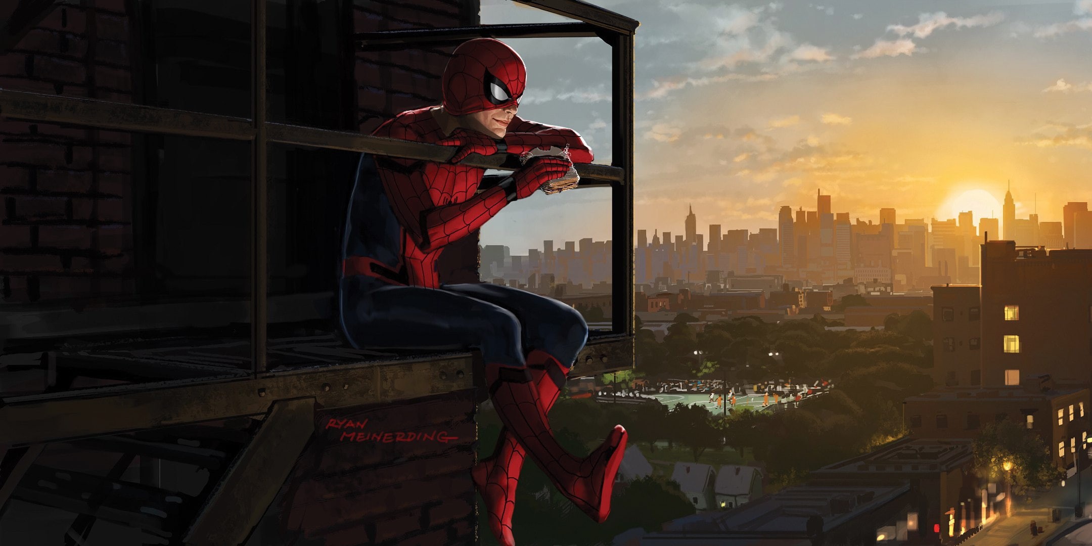 Cinema, The sun, The city, Sitting, Spider-man, Superhero, Movie, Figure, Marvel, The film, Peter Parker, Hero, Building, Spider-man: the Return home, Costume, HD Wallpaper