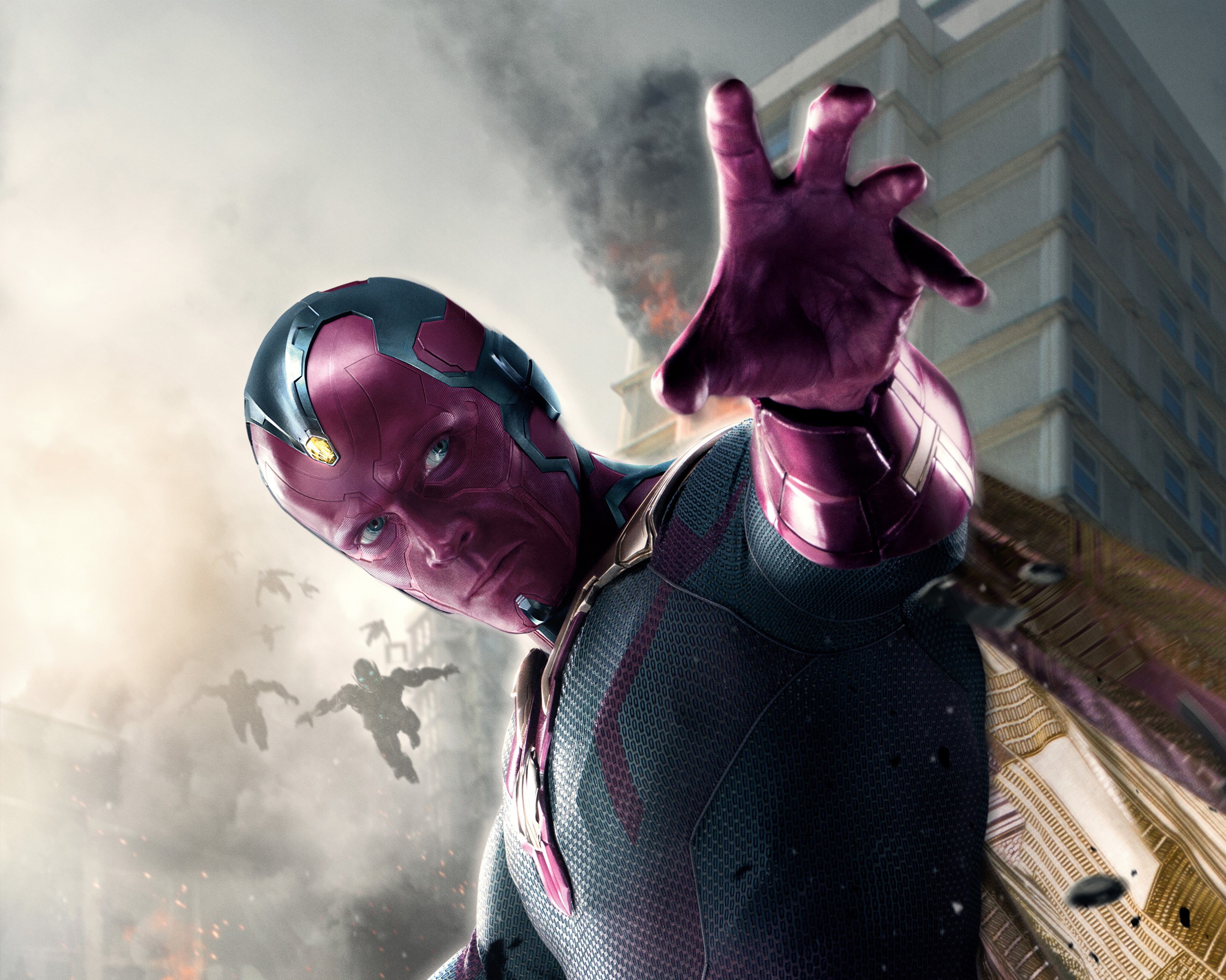 disguise, muscular Build, nature, Armor, Age, Superhero, Alien, Paul Bettany, Avengers 2, men, cloud - sky, Super, adult, mask - disguise, Fire, City, Soldiers, HD Wallpaper