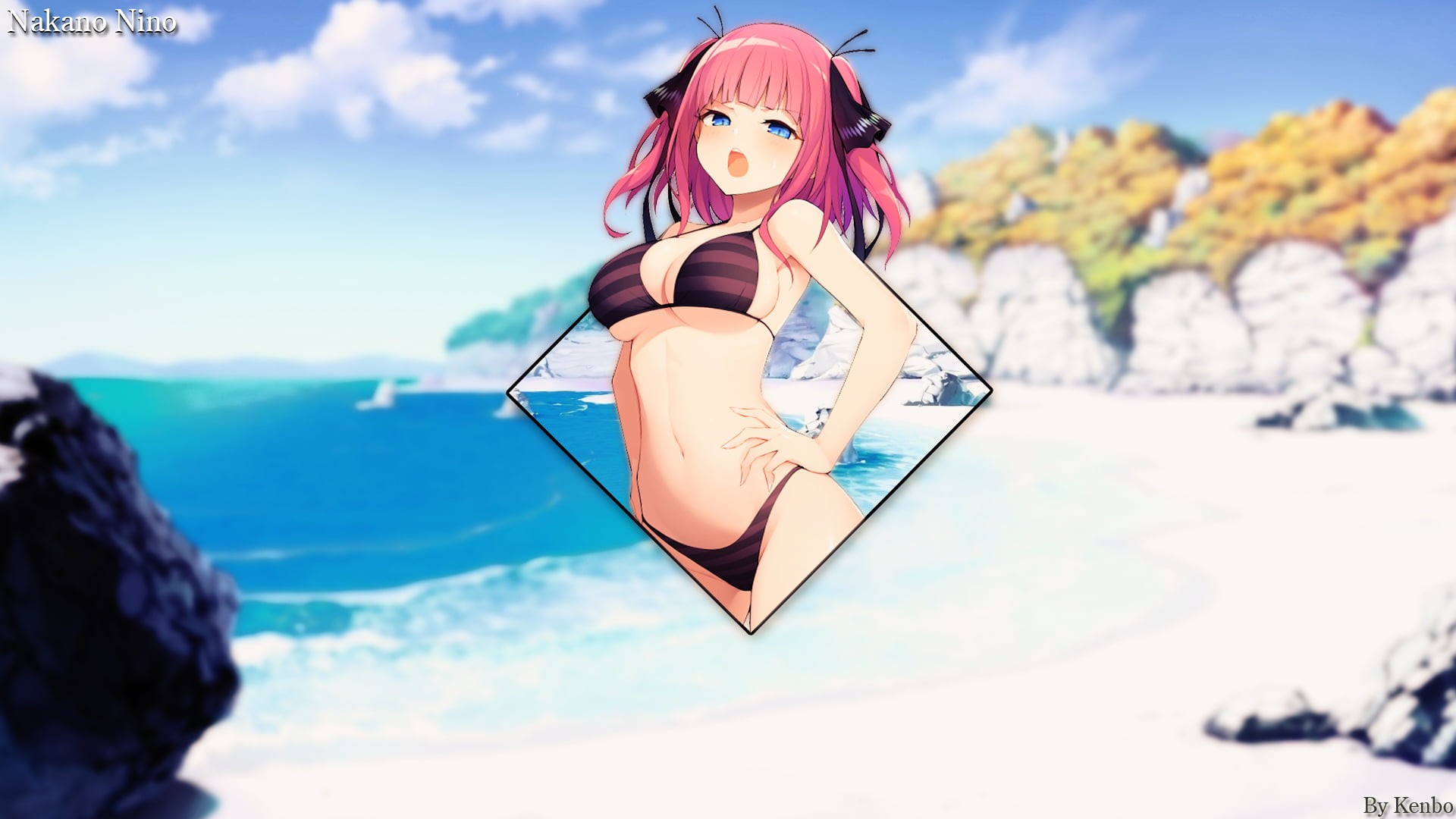1080P, 5-toubun no Hanayome, twintails, Nakano Nino, shades, anime, redhead, picture-in-picture, beach, pink hair, blue eyes, 2D, anime girls, HD Wallpaper