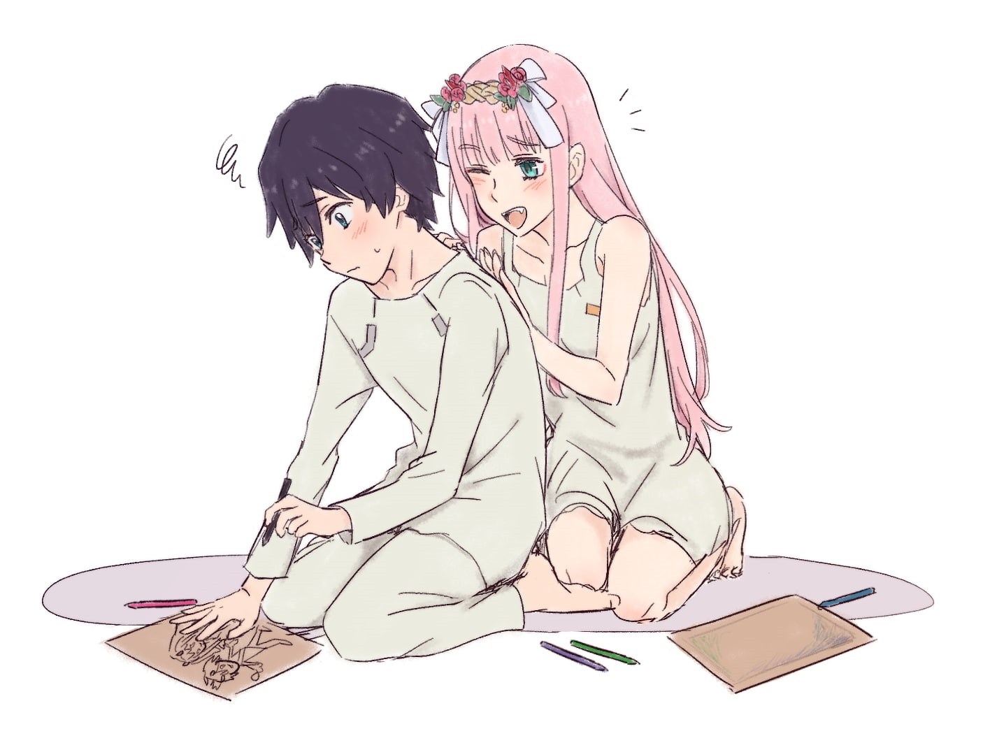 full length, hairstyle, studio shot, young adult, Darling in the FranXX, looking, women, sitting, Code:016 (Hiro), Zero Two (Darling in the FranXX), holding, HD Wallpaper