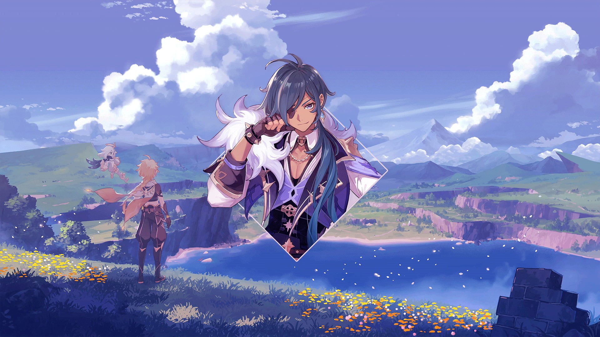 anime landscape, anime boys, Kaeya, PlayStation 4, Genshin Impact, picture-in-picture, piture in picture, 1080P, digital art, Photoshop, PC gaming, anime, HD Wallpaper