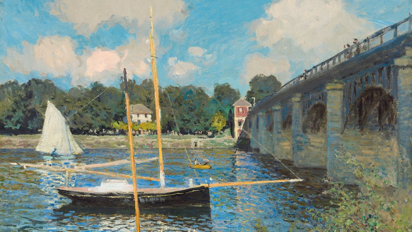 reflection, black, Claude Monet, sail, white, day, bridge, river, 720P, water, weathered, old, nature, cloud - sky, architecture, sailboat, artwork, transportation, HD Wallpaper