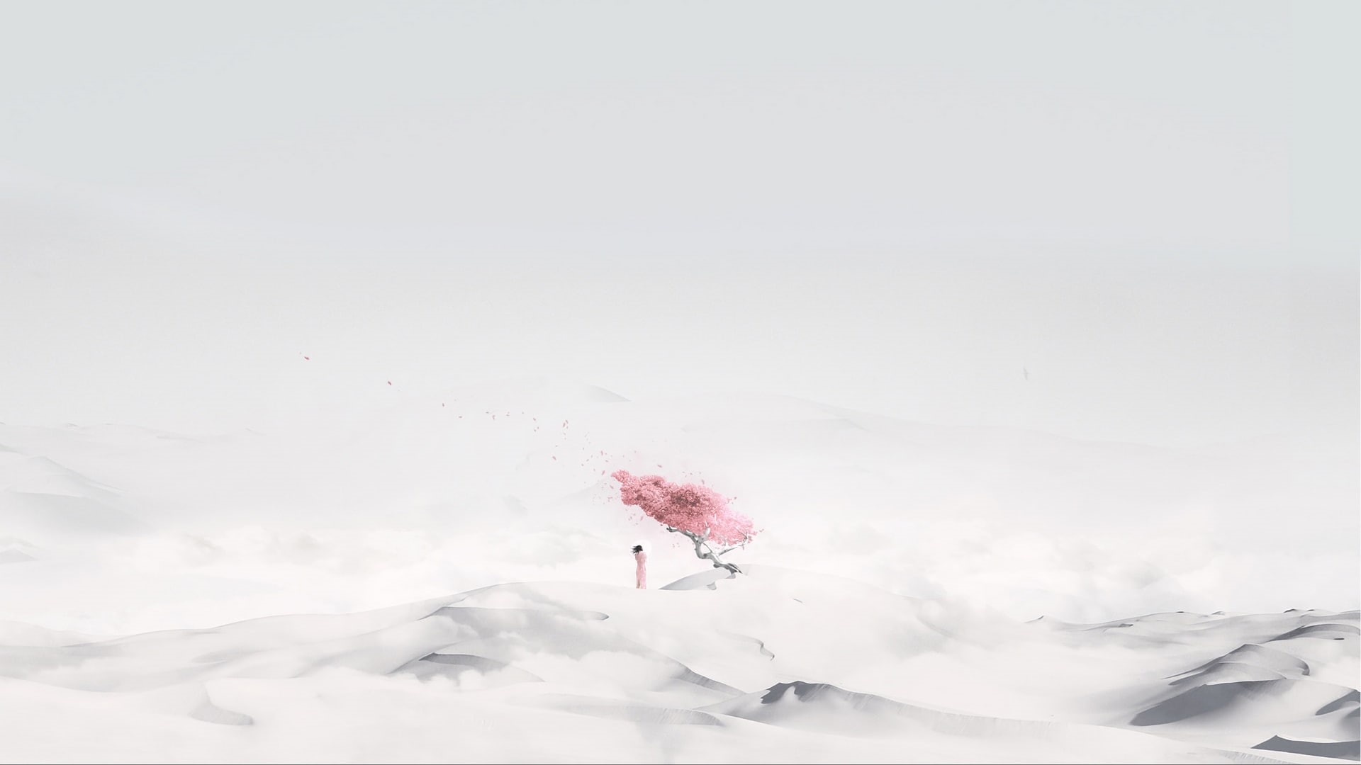 sakura (tree), minimalism, alone, artwork, 1080P, isolation, HD Wallpaper