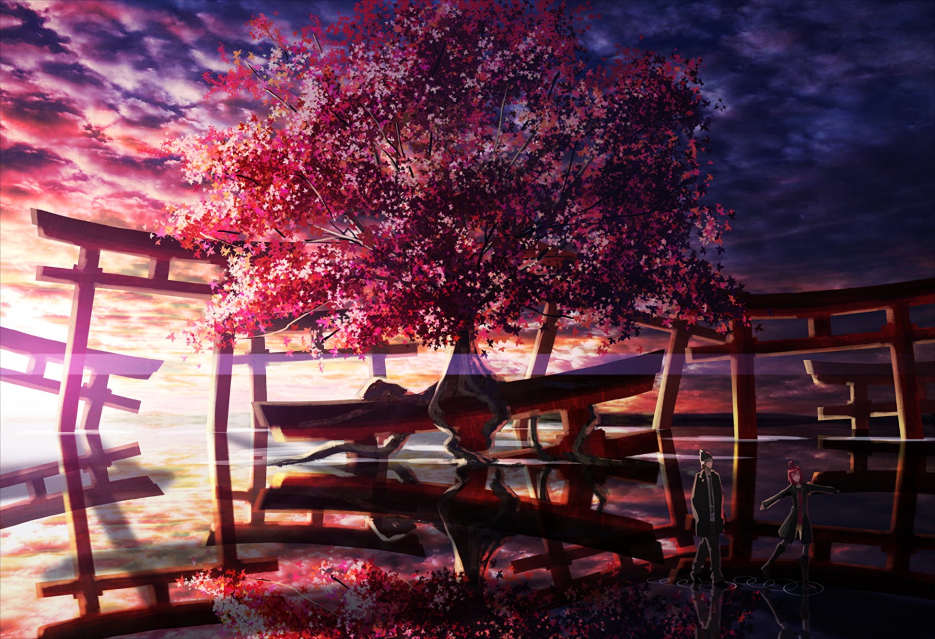 freshness, beauty in nature, chair, Temple, flowering plant, architecture, outdoors, plant, pink color, no people, growth, empty, Anime, bench, Tree, built structure, HD Wallpaper
