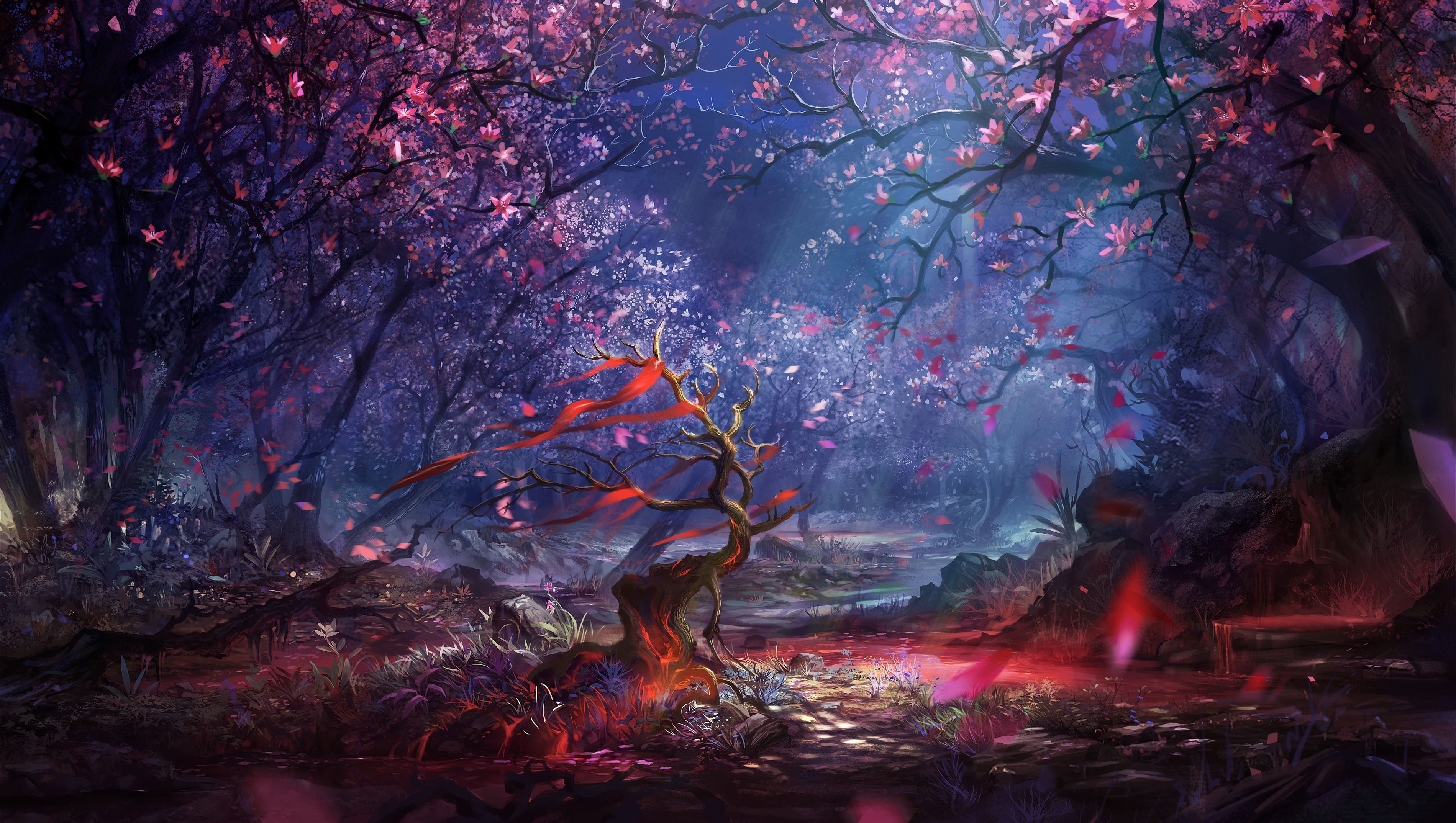 rocks, cherry, wood, 2K, Sakura, tree, little tree, stone, forest, blood, Ruler of the Land, stones, ribbons, Studying, HD Wallpaper
