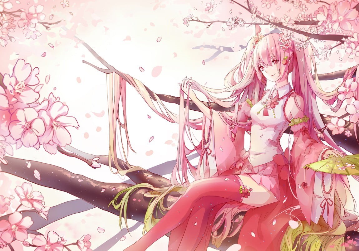 celebration, 480P, multi colored, skirt, thigh-highs, pattern, indoors, cherry trees, flower in hair, Hatsune Miku, sunlight, long hair, fragility, decoration, HD Wallpaper