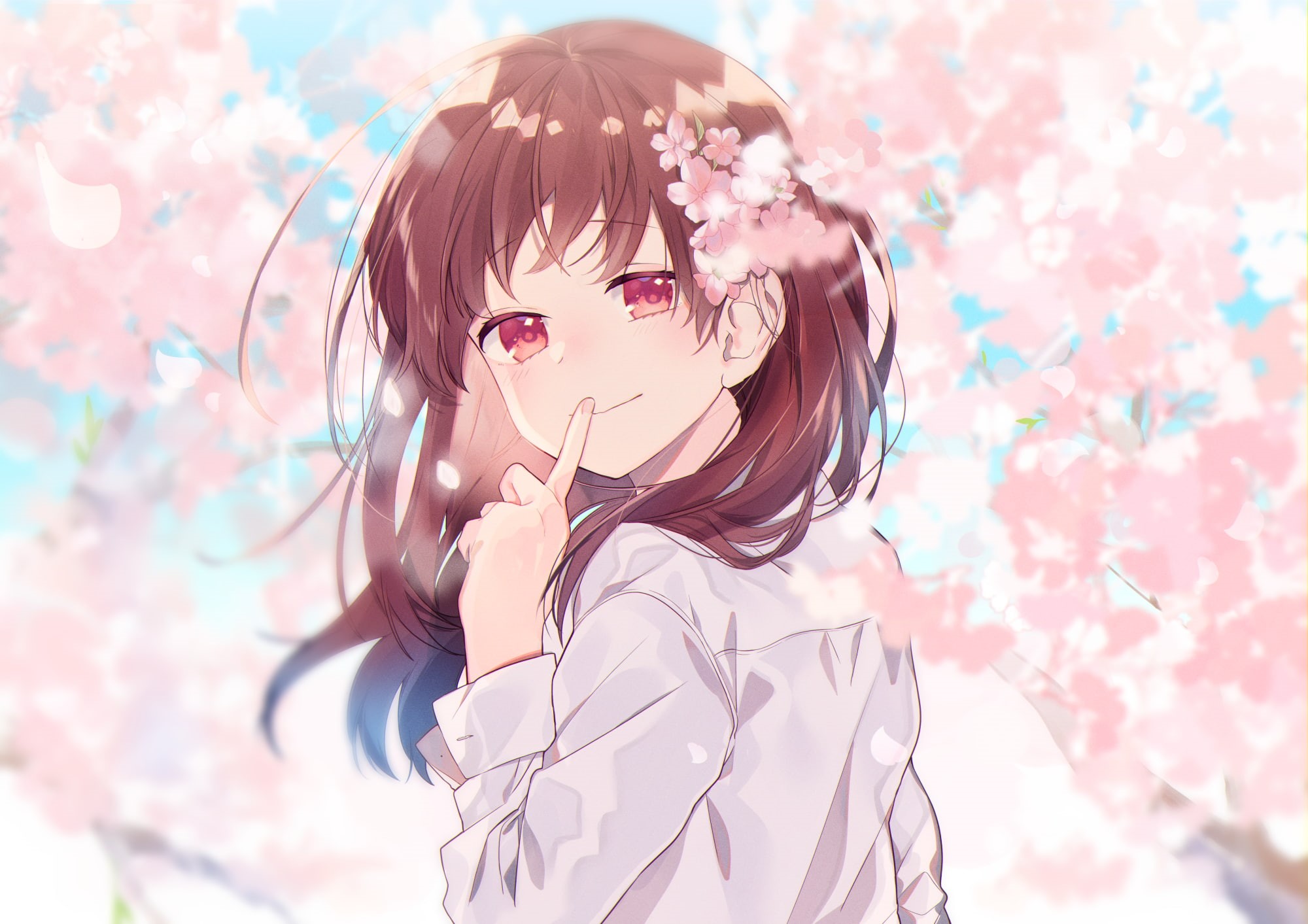 brunette, flower in hair, 1080P, pink eyes, blossom, anime, sakura (tree), white shirt, anime girls, HD Wallpaper