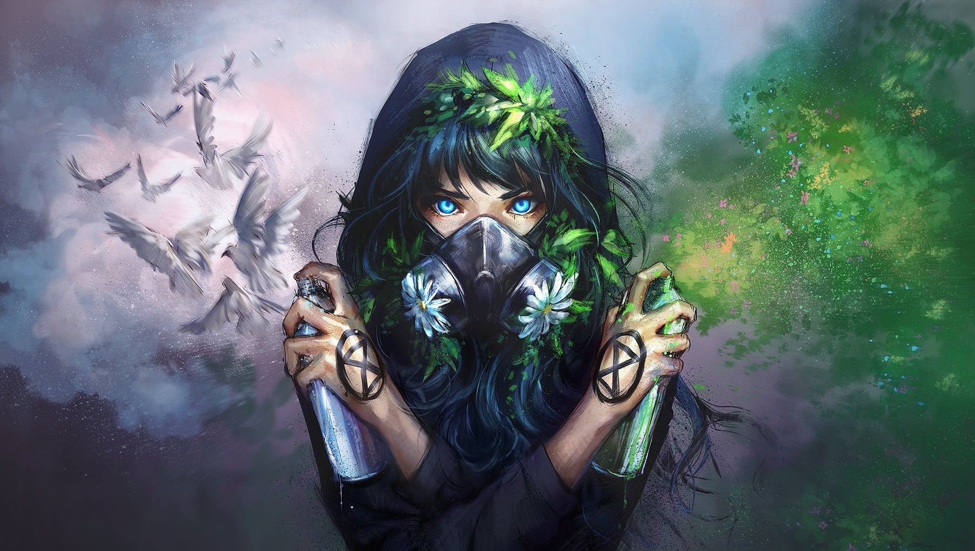 white, mask, birds, graffiti, spray, fantasy girl, gas mask, blue eyes, girl, dove, artwork, fantasy art, art, plants, ecology, hood, flowers, green, Yuumei, HD Wallpaper