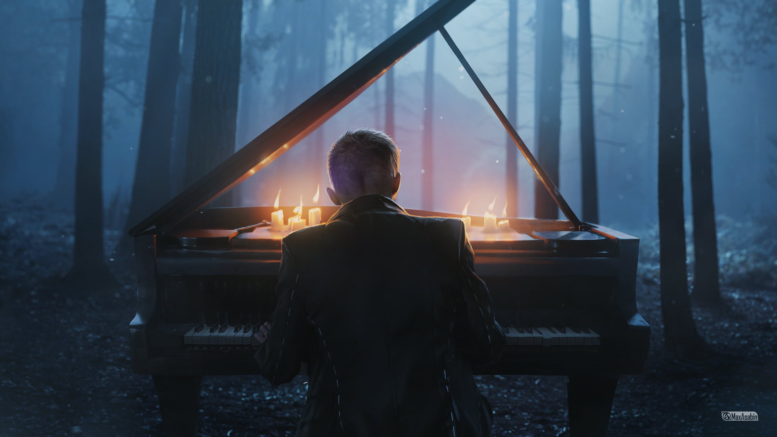 trees, retouching, dark, lights, 2K, photo manipulation, fantasy art, piano, digital art, Photoshop, nature, digital, outdoors, artwork, forest, men, photography, HD Wallpaper