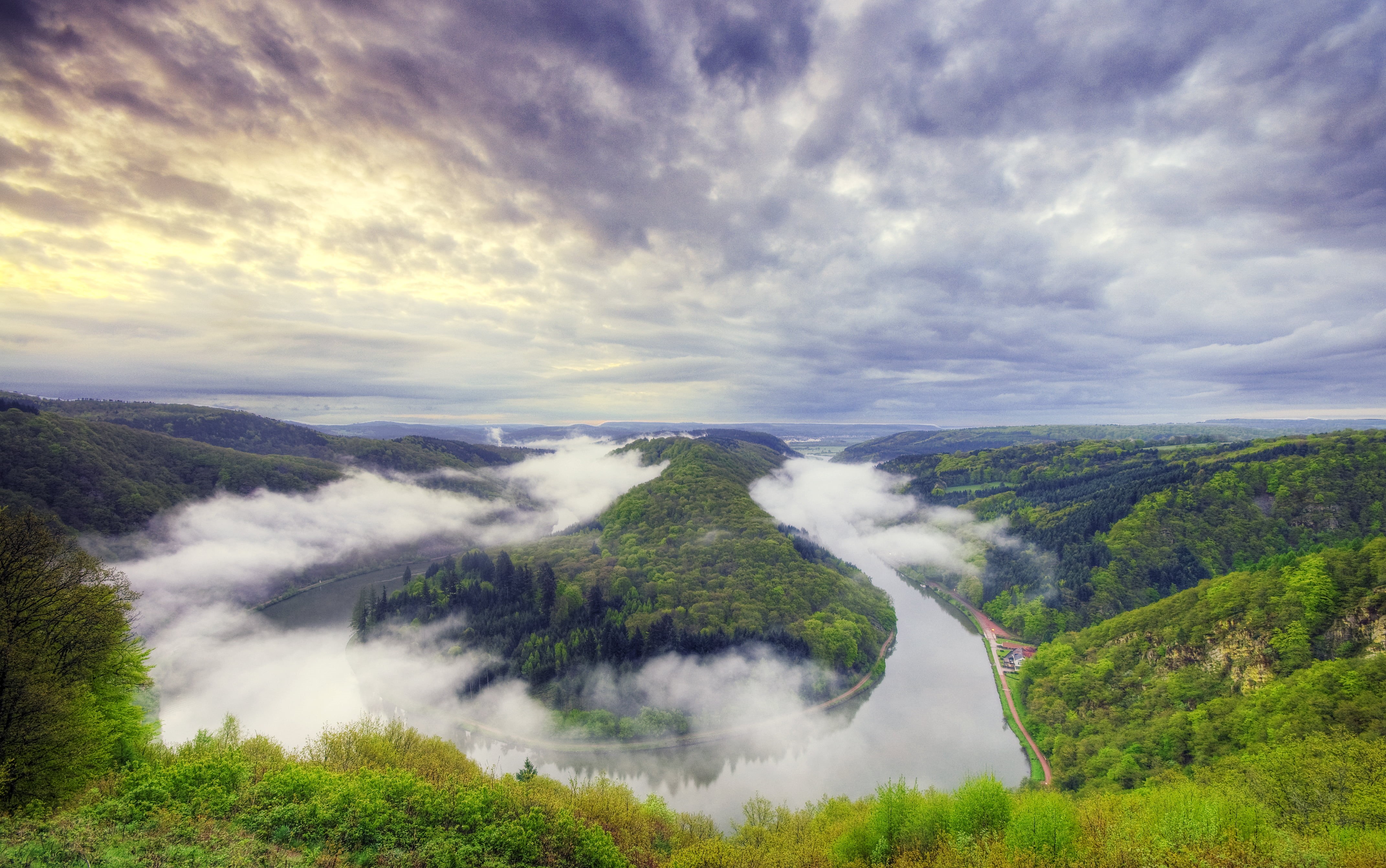 view, Early Morning, Green  Mountains, Europa, 4K, Merzig, Saarland, Saar River, new day, Germany, Dreisbach, river, Trees, Travel, Nikon D300, Europe, HD Wallpaper