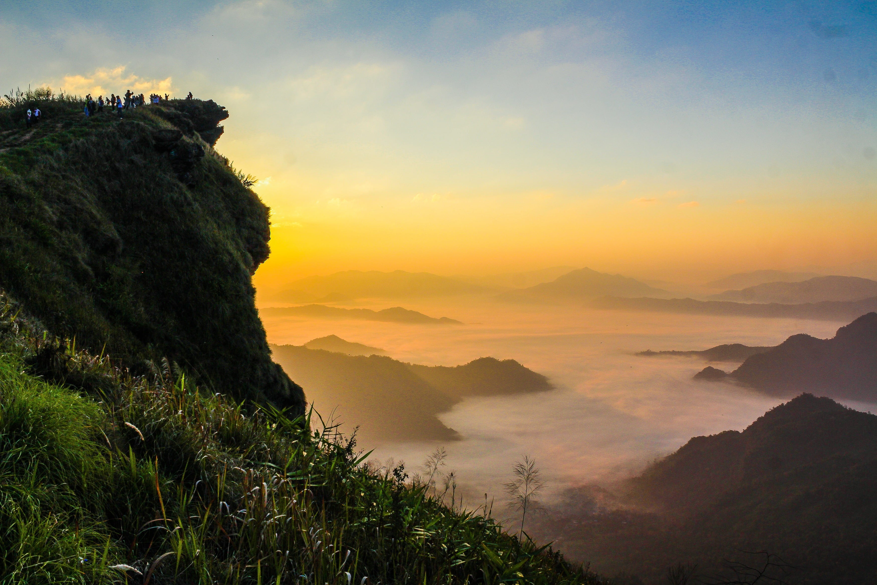 nature, asia, park, tranquility, orange color, golden, morning, grass, cliff, cloud - sky, environment, sky, non-urban scene, high angle shot, beautiful, HD Wallpaper