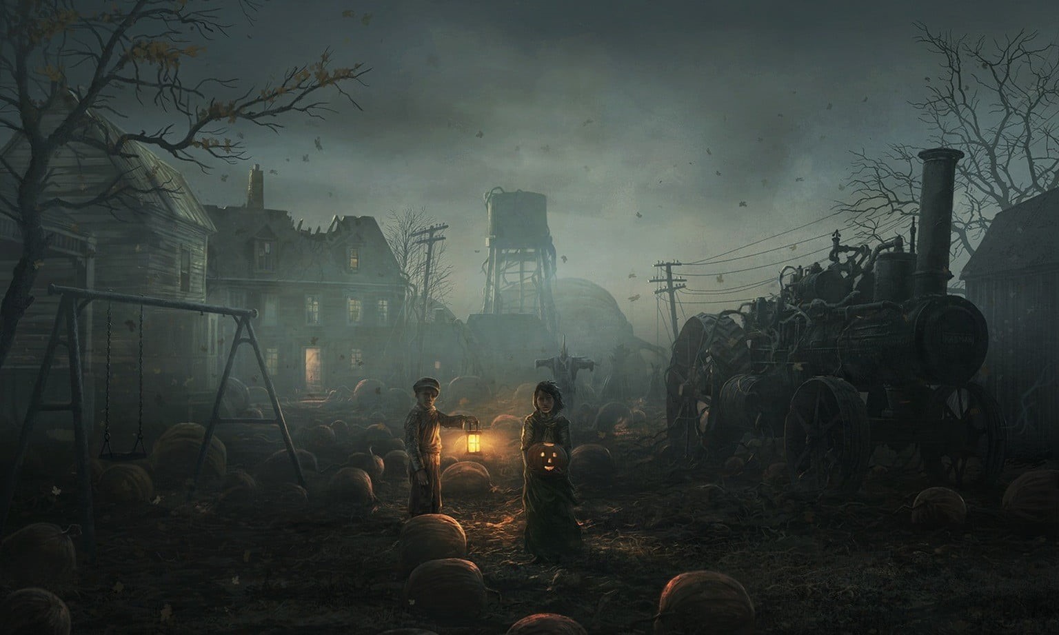 fog, sky, environmental issues, building exterior, environmental damage, lanterns, tree, digital, digital composite, ruins, plant, no people, HD Wallpaper