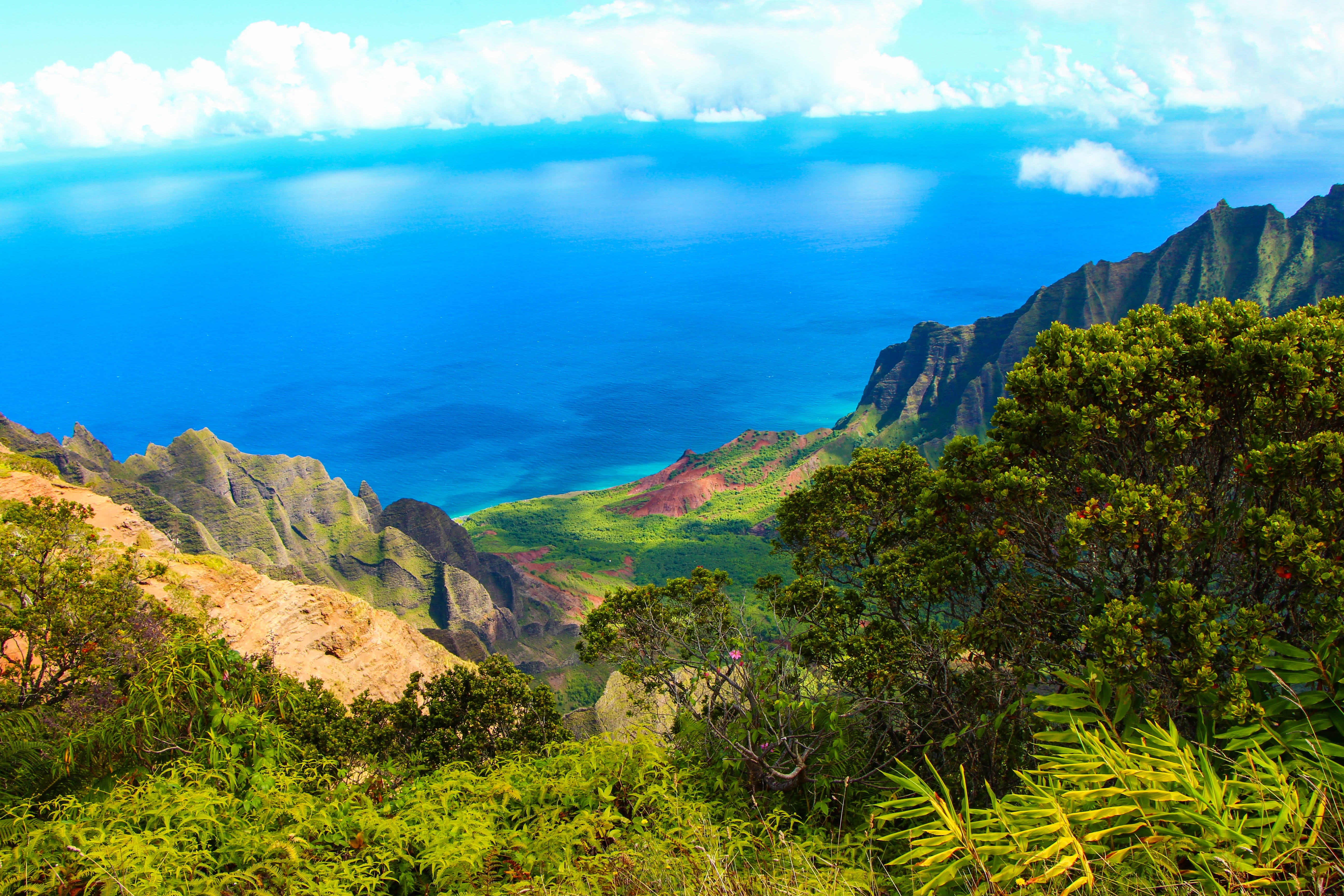 non-urban scene, cloud - sky, travel, green, shore, high, relax, water, environment, cloud, no people, tranquil scene, outdoor, paradise, tropical, peak, HD Wallpaper