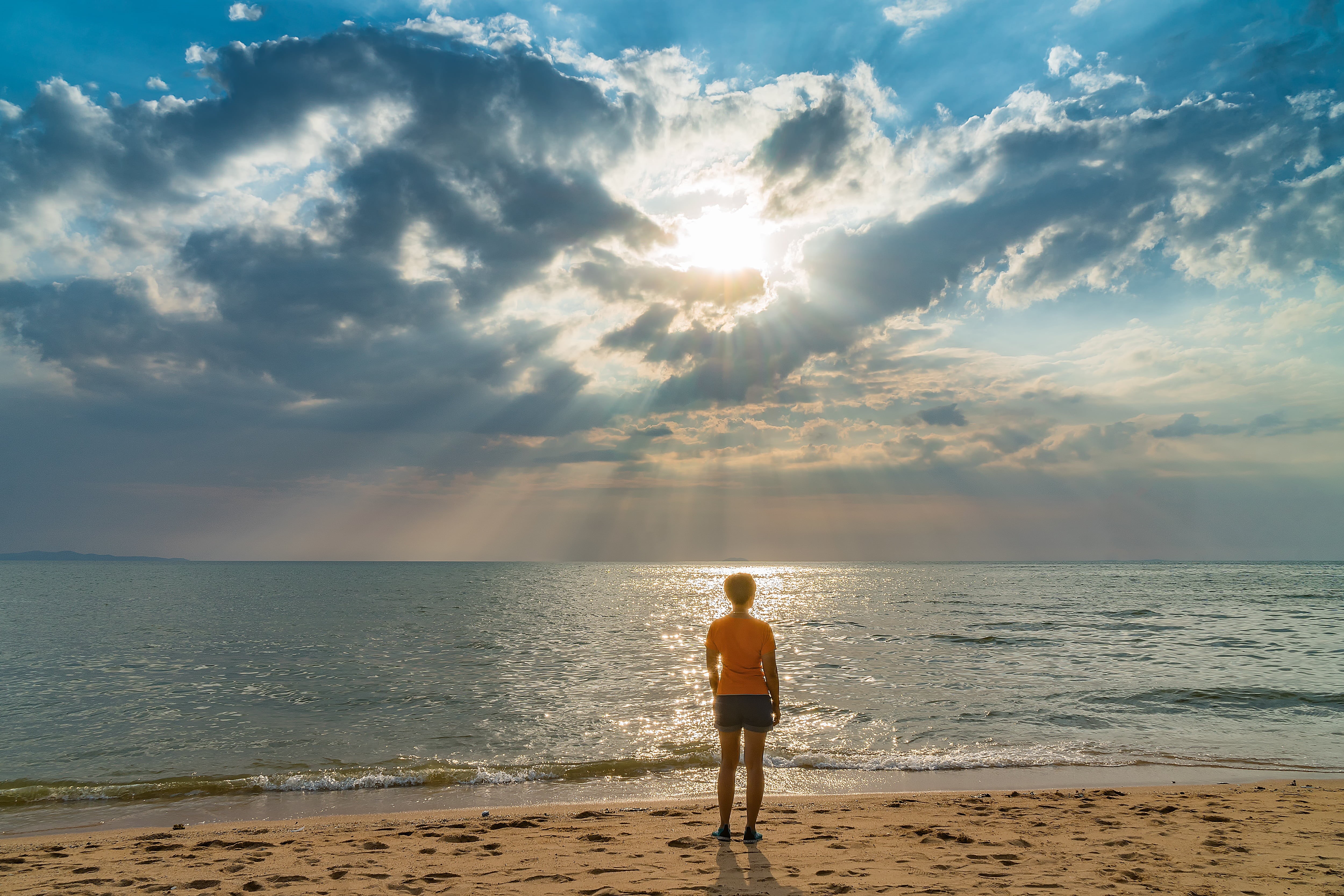relax, exotic, seascape, land, evening, blue, silhouette, standing, ocean, natural, tropical, sky, into, woman, lifestyles, sun, beautiful, vacation, seashore, HD Wallpaper