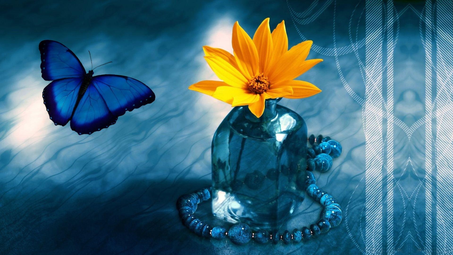 photoshop, butterfly, yellow, friendship, beautiful, blue, special, 1080P, painting, 3d and abstract, woman, flower, cute, HD Wallpaper