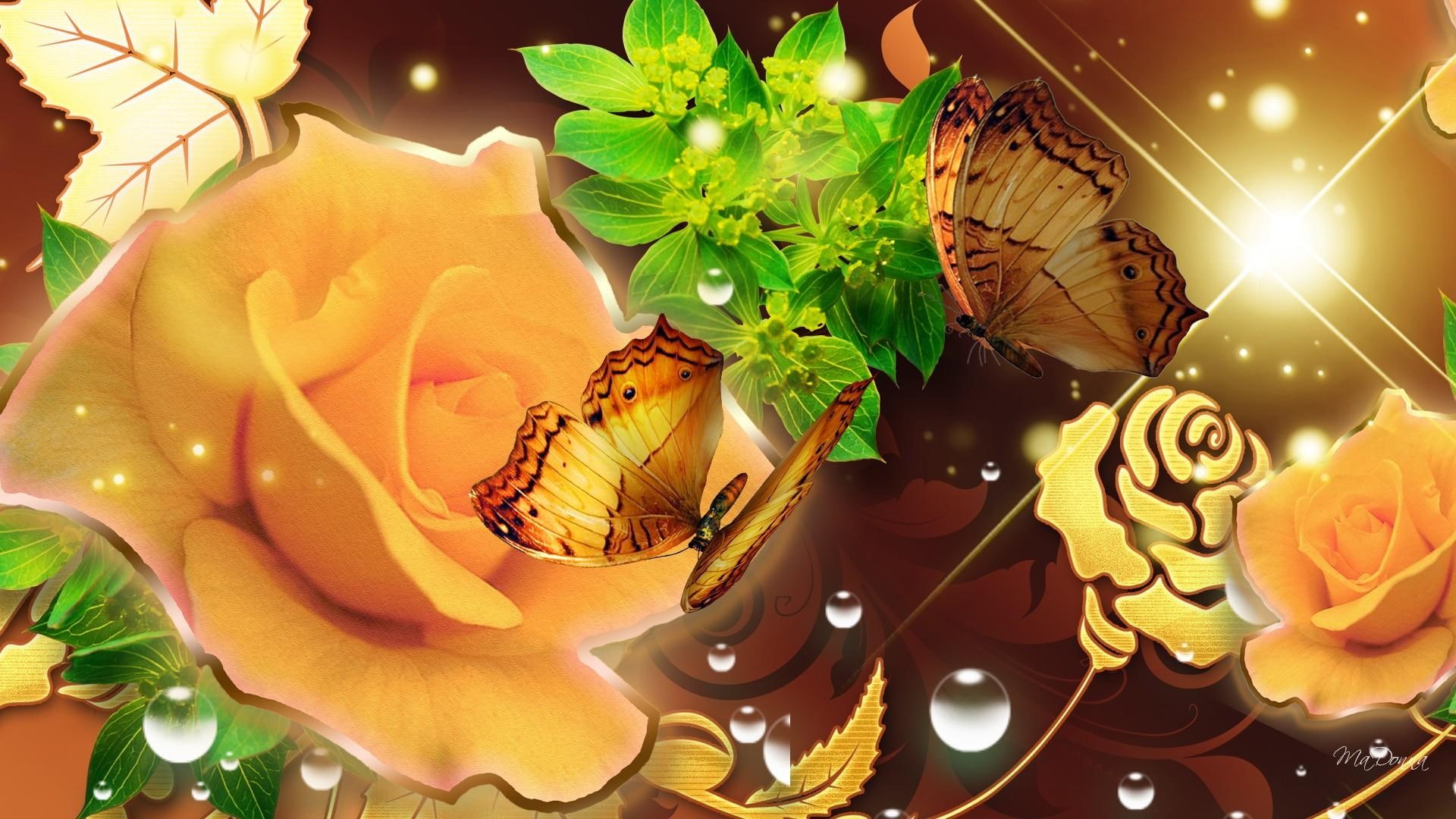 flowers, butterflies, glow, 3d and abstract, firefox persona, golden, summer, stars, butterfly, sparkles, 1080P, roses, HD Wallpaper