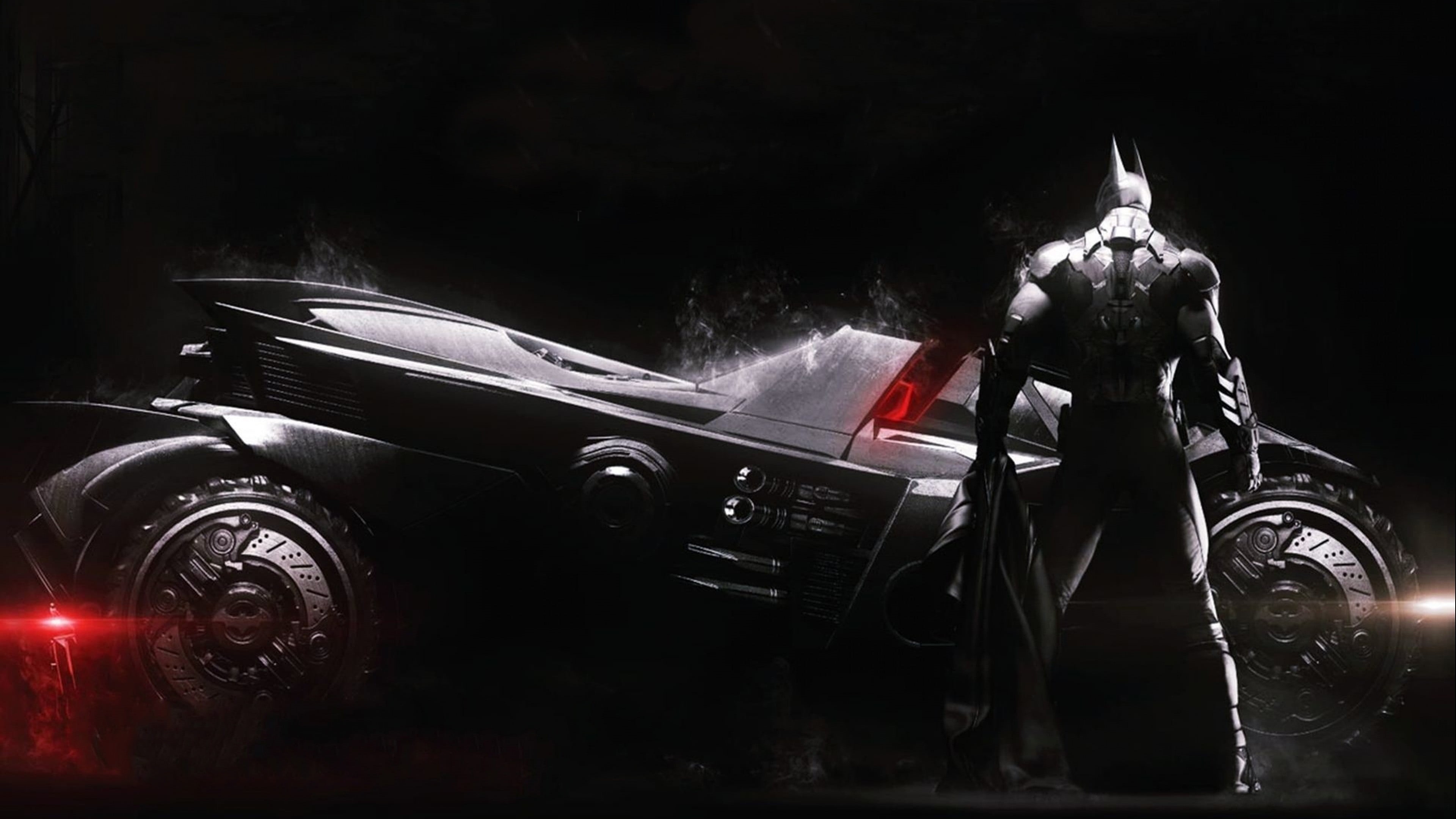 black background, 4K, video games, mode of transportation, standing, indoors, real people, black Color, wheel, power, smoke - physical structure, Gotham City, HD Wallpaper