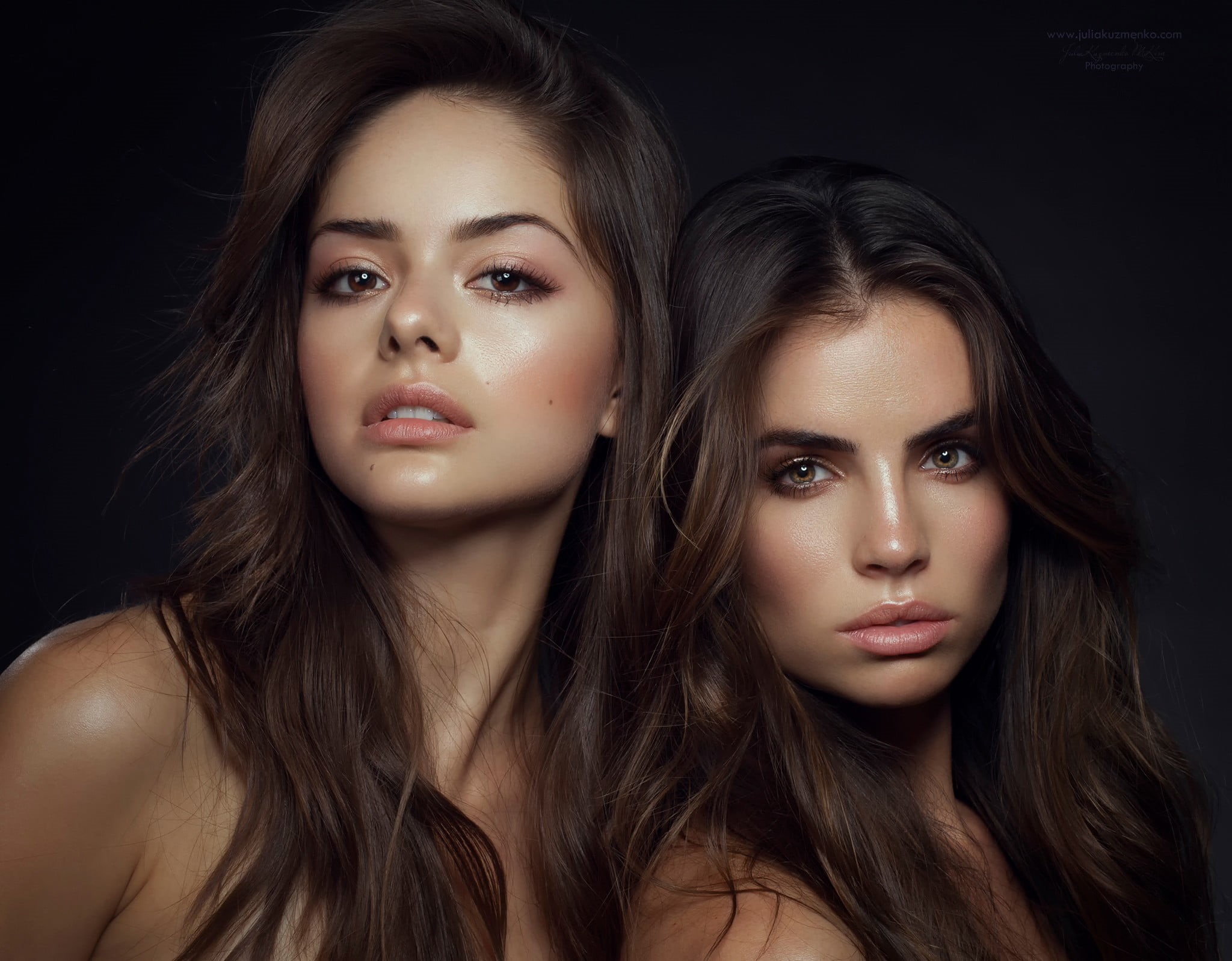 black background, beauty, long hair, headshot, portrait, togetherness, young women, adult, brown hair, luxury, beautiful woman, women, hairstyle, looking at camera, HD Wallpaper
