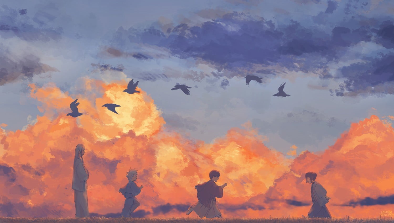 nature, vertebrate, animals in the wild, people, Katsura Kotarou, men, sunset, birds, Sakata Gintoki, lifestyles, 720P, orange color, Takasugi Shinsuke, HD Wallpaper