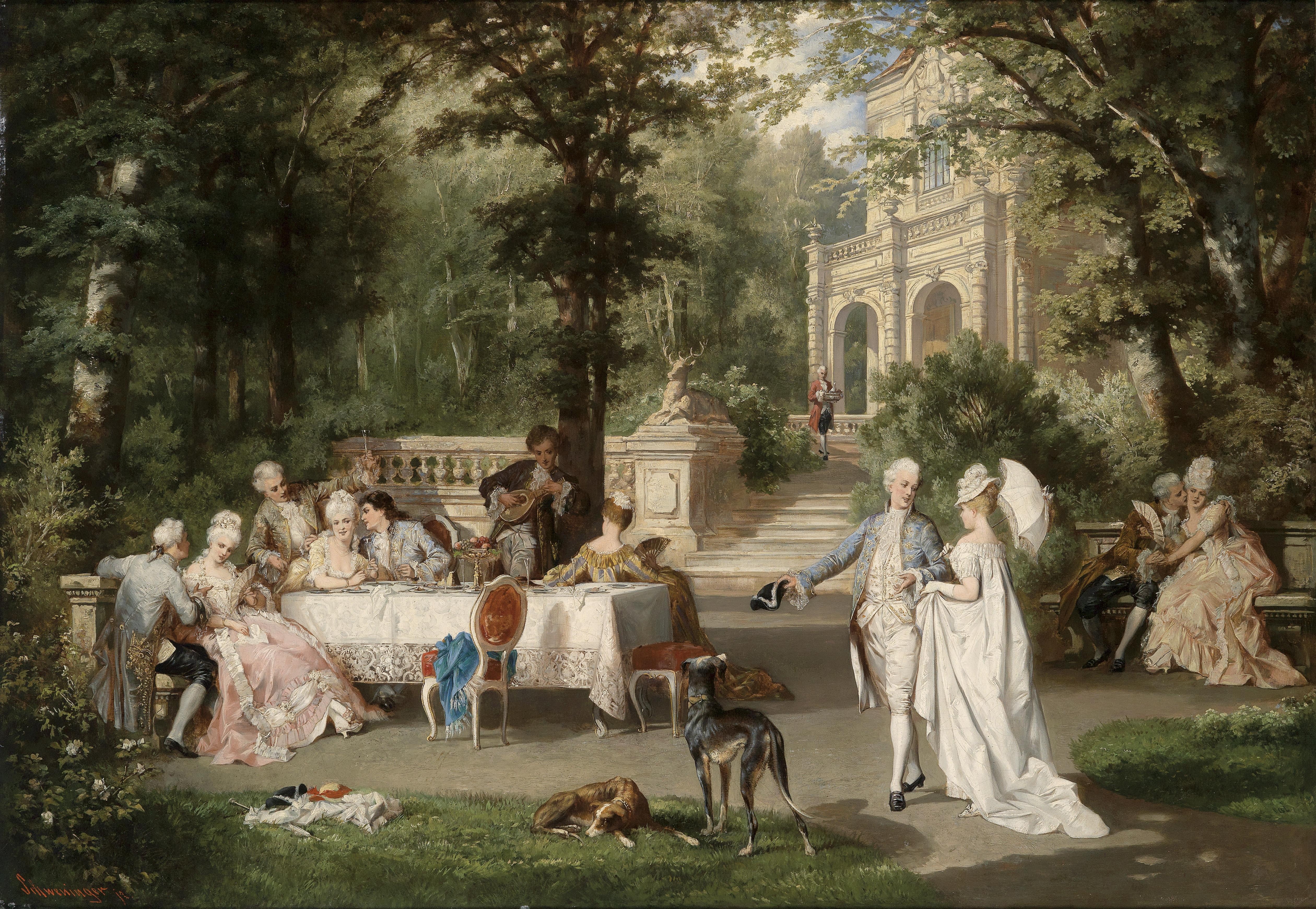 adult, art, history, picture, crowd, death, the Cavaliers, greyhounds, architecture, Austria, females, Vienna, garden, Palace, building, Carl Schweninger Jr., HD Wallpaper