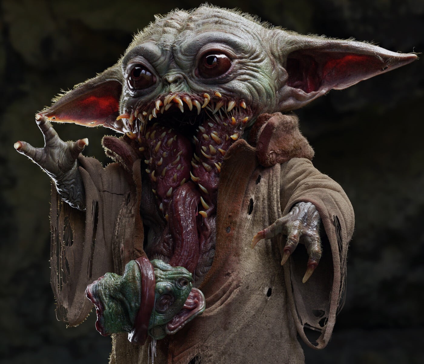 digital art, The Mandalorian, artwork, 720P, Baby Yoda, horror, creature, humor, Star Wars Humor, Yoda, dark humor, HD Wallpaper